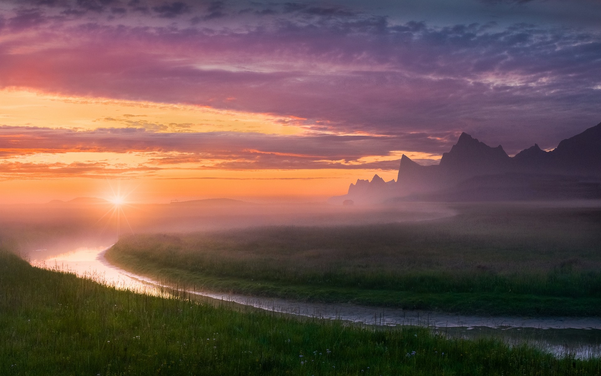 General 1920x1200 nature landscape river midnight mist sky Norway mountains summer clouds grass sunset Europe nordic landscapes orange sky sunlight