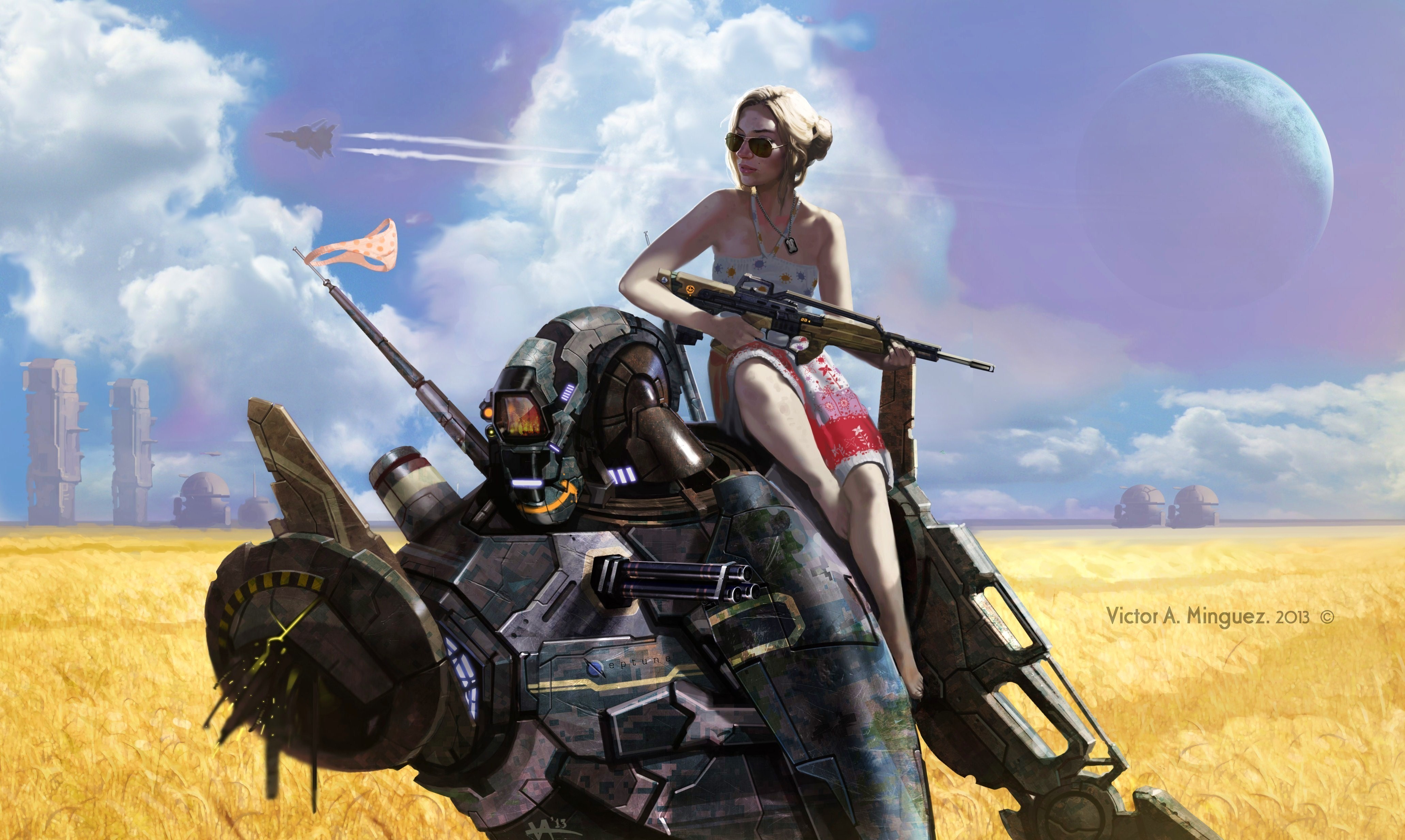 General 4124x2466 artwork science fiction women sky weapon 2013 (Year) girls with guns science fiction women women with shades sunglasses Victor A. Minguez