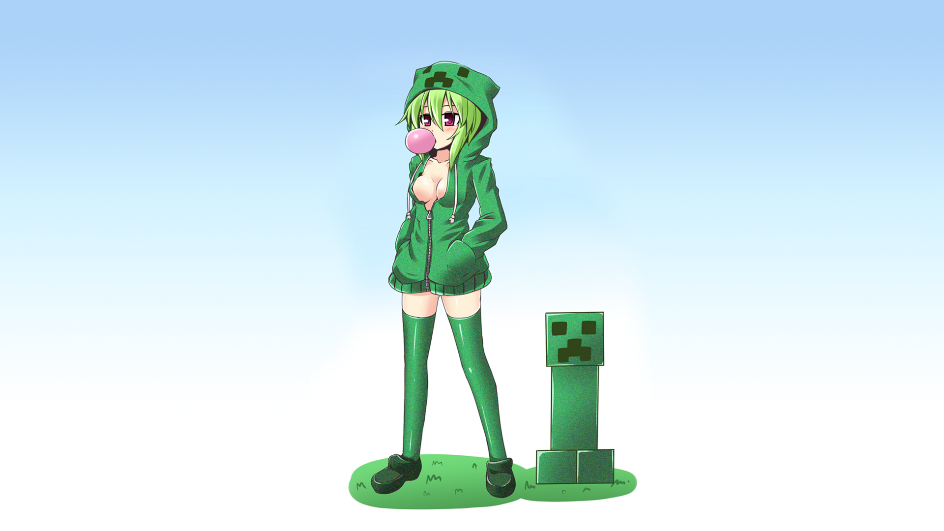 Anime 1920x1080 Minecraft creeper anime girls anime video games PC gaming bubble gum video game art video game girls standing simple background gradient boobs red eyes green hair