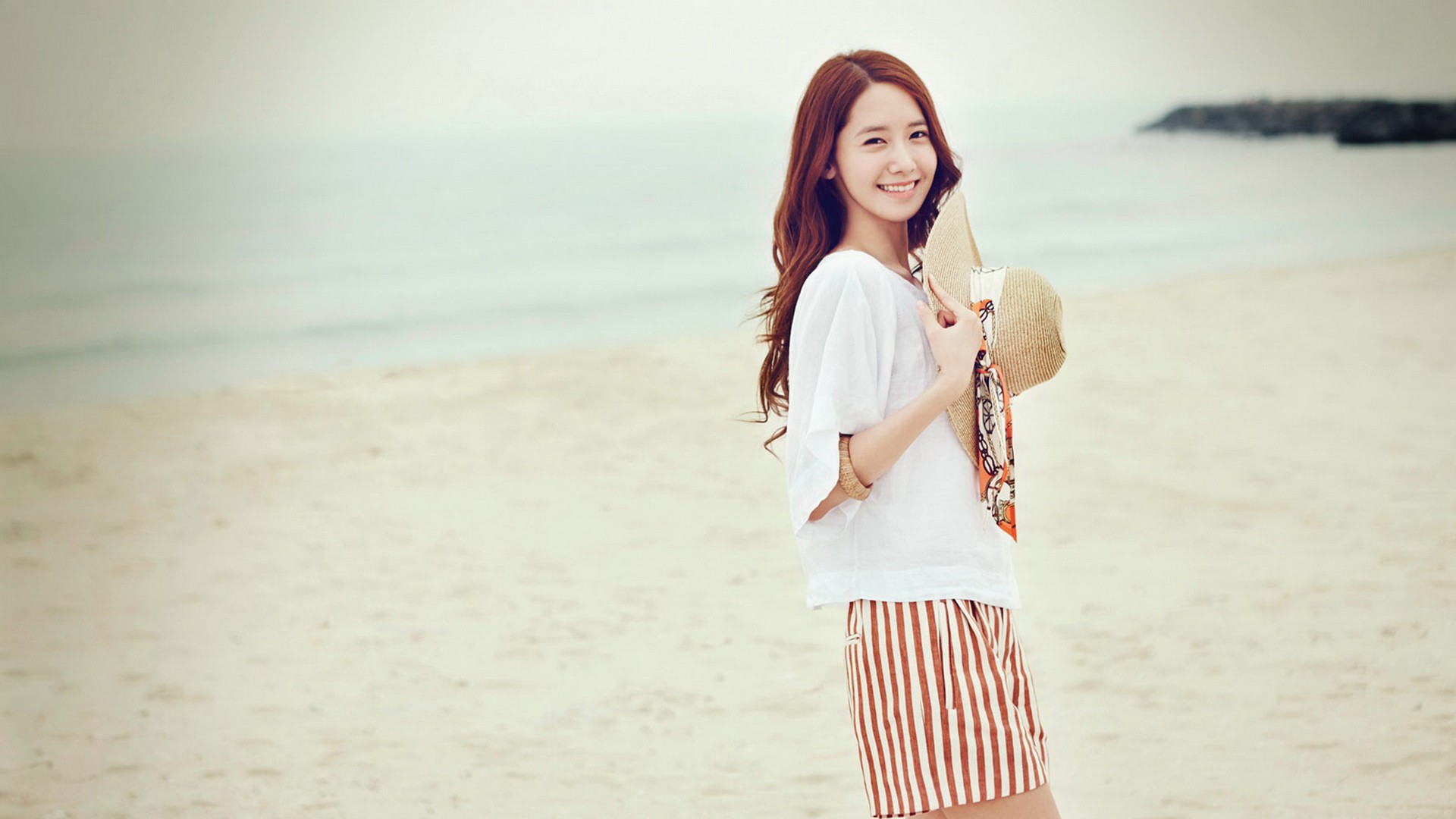 People 1920x1080 Yoona women hat Asian model beach outdoors women outdoors women on beach smiling standing redhead looking at viewer dyed hair