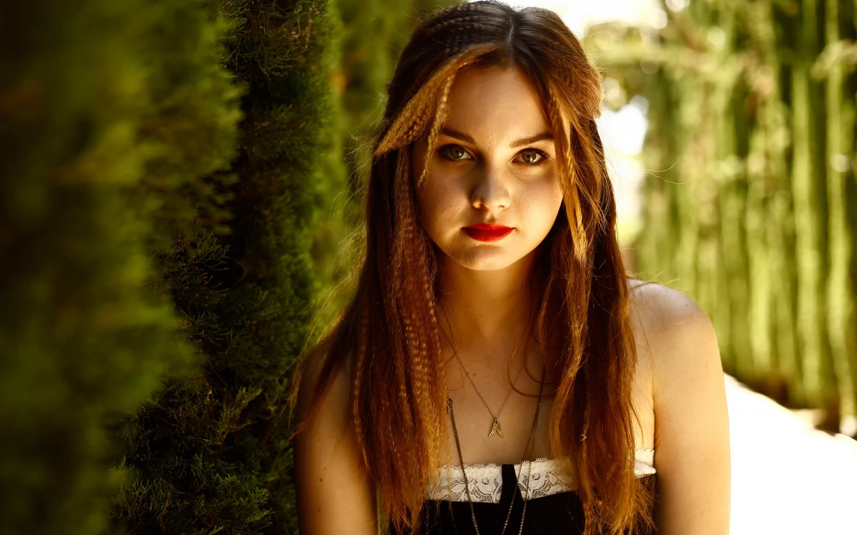 People 1680x1050 Liana Liberato actress women red lipstick women outdoors necklace model celebrity looking at viewer long hair