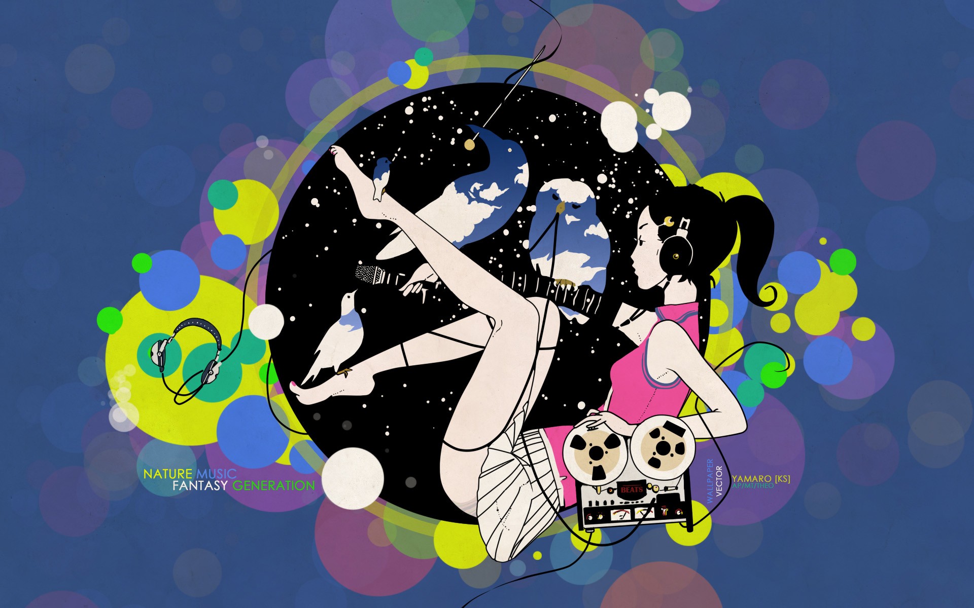 Anime 1920x1200 anime colorful anime girls headphones legs barefoot audio-technica dark hair face legs up miniskirt Perched dove reel-to-reel tape recorders reels birds owl