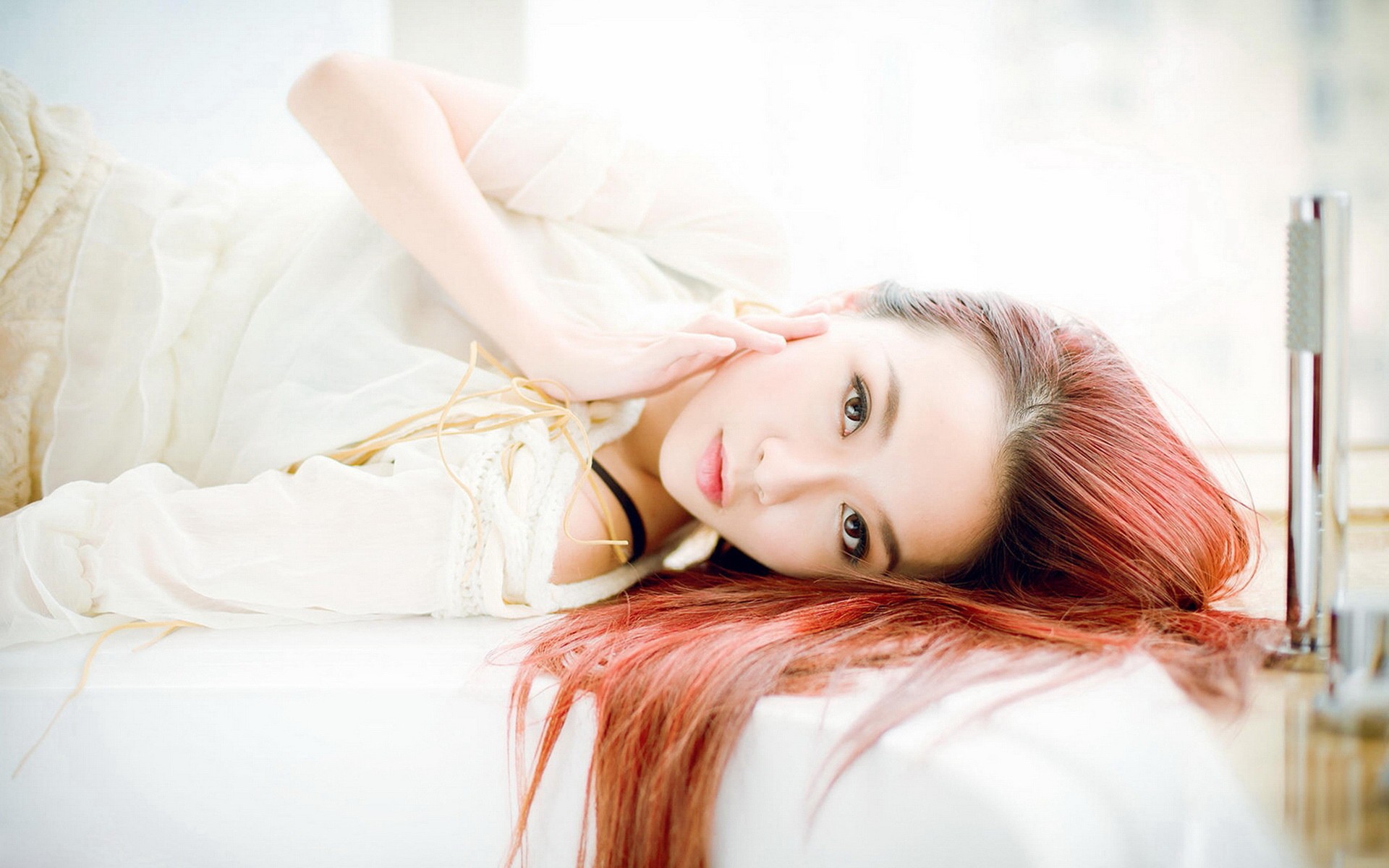 People 1920x1200 Asian women dyed hair face long hair model Korean women lying on back redhead looking at viewer indoors women indoors