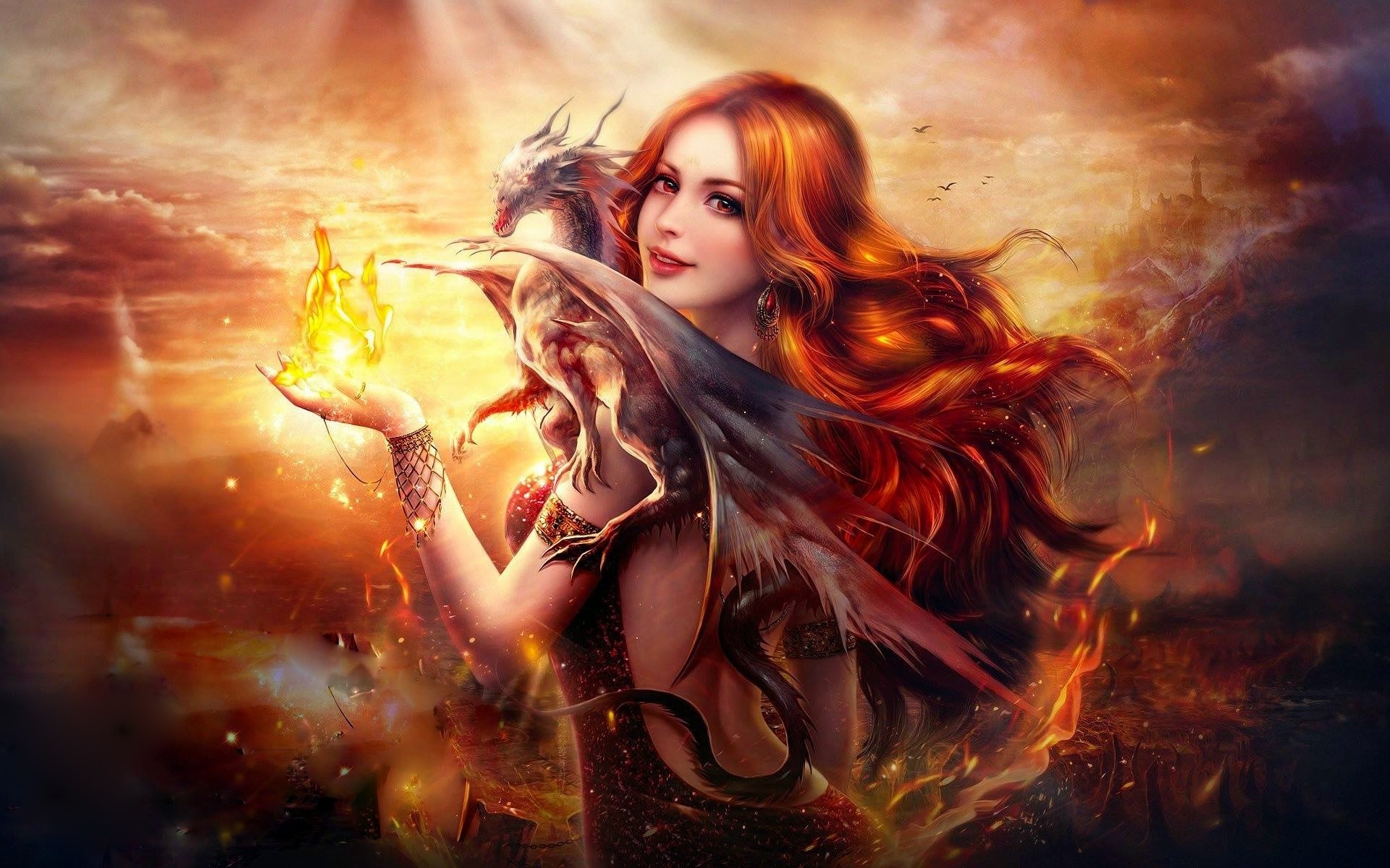 General 1920x1200 artwork fantasy art dragon women red lipstick redhead long hair creature fantasy girl