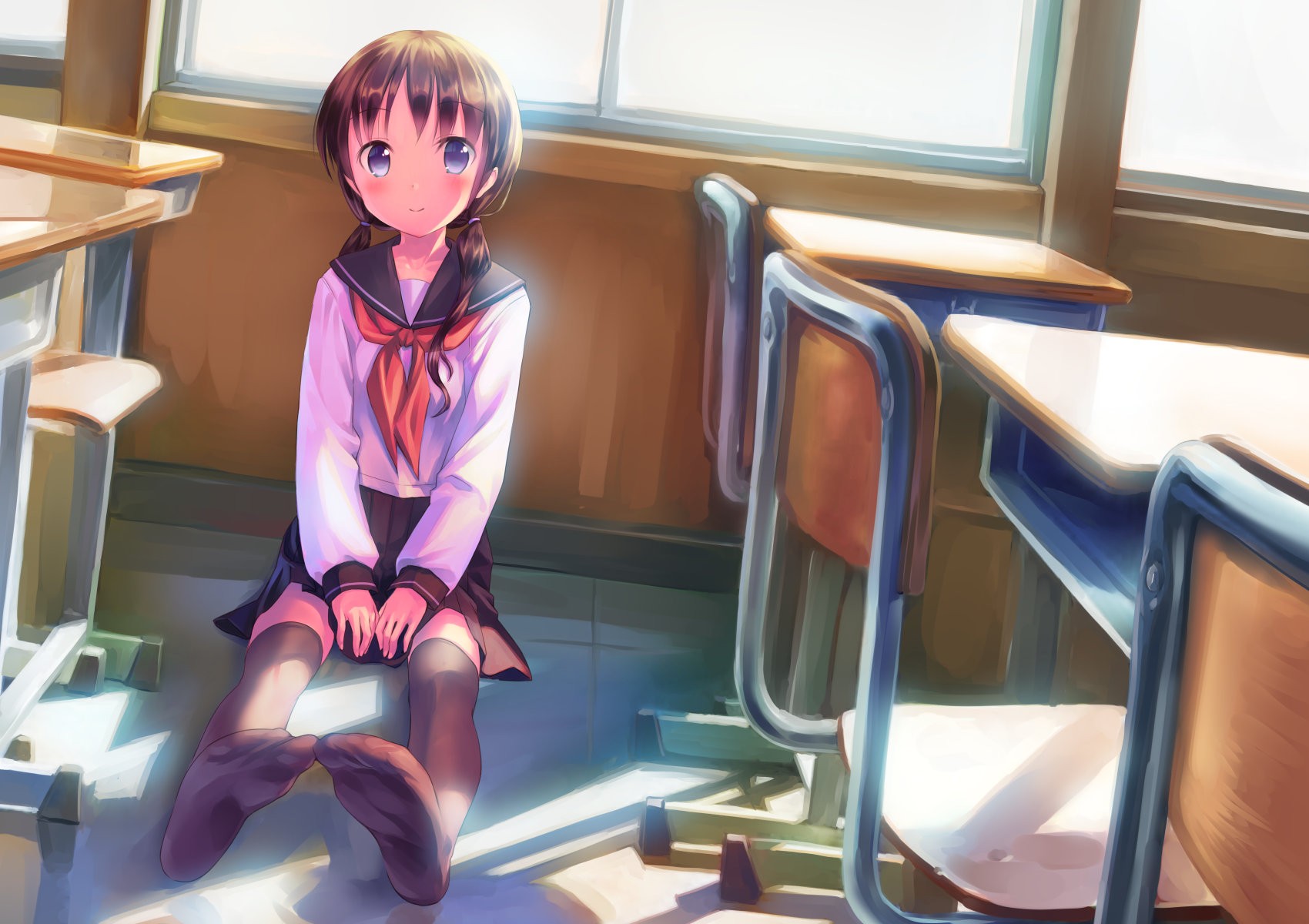 Anime 1700x1200 school uniform anime girls original characters classroom manga sitting women indoors school schoolgirl anime