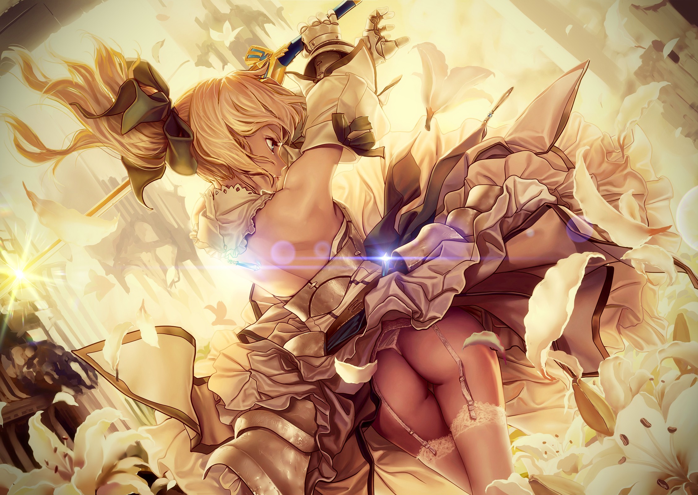 Anime 2255x1599 anime girls anime ass lingerie stockings blonde Fate series Saber Lily Artoria Pendragon Geister rear view fantasy art fantasy girl women with swords long hair