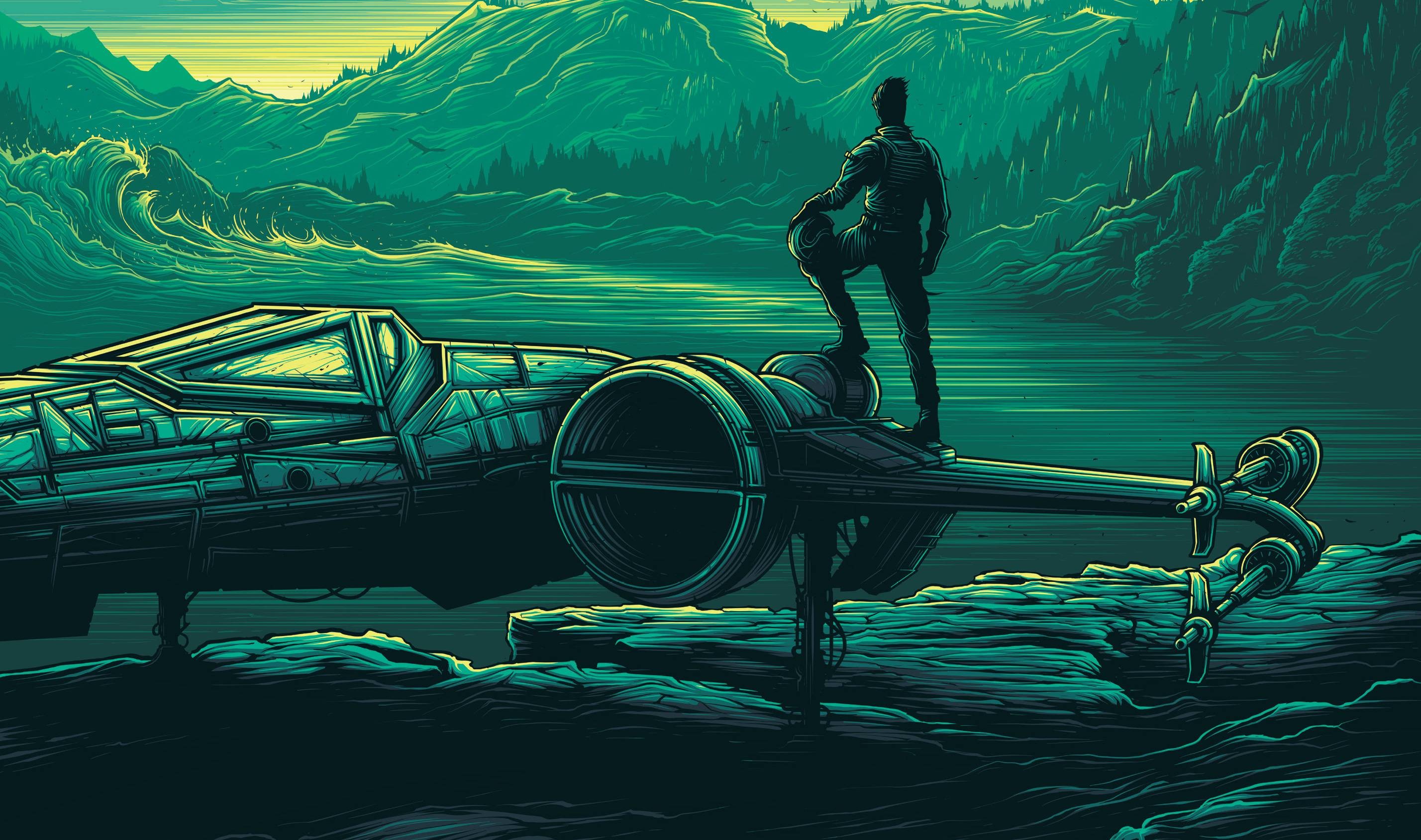 General 2856x1689 pastel Star Wars X-wing green pilot waves forest mountains Dan Mumford turquoise Star Wars Heroes vehicle Star Wars Ships standing science fiction artwork