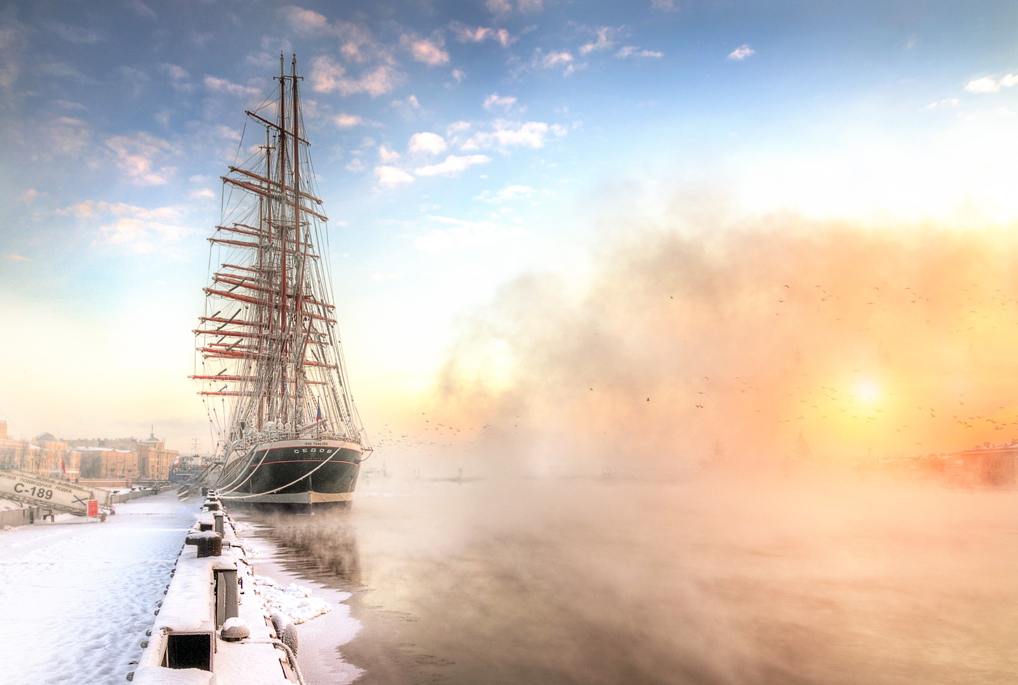 General 2048x1379 St. Petersburg Russia ship urban mist ports sailing ship vehicle rigging (ship) sunlight winter cold ice snow sky clouds