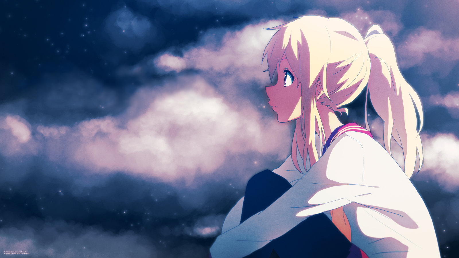 Anime 1600x900 anime anime girls original characters ponytail Tom Skender face profile sky watermarked clouds closed mouth