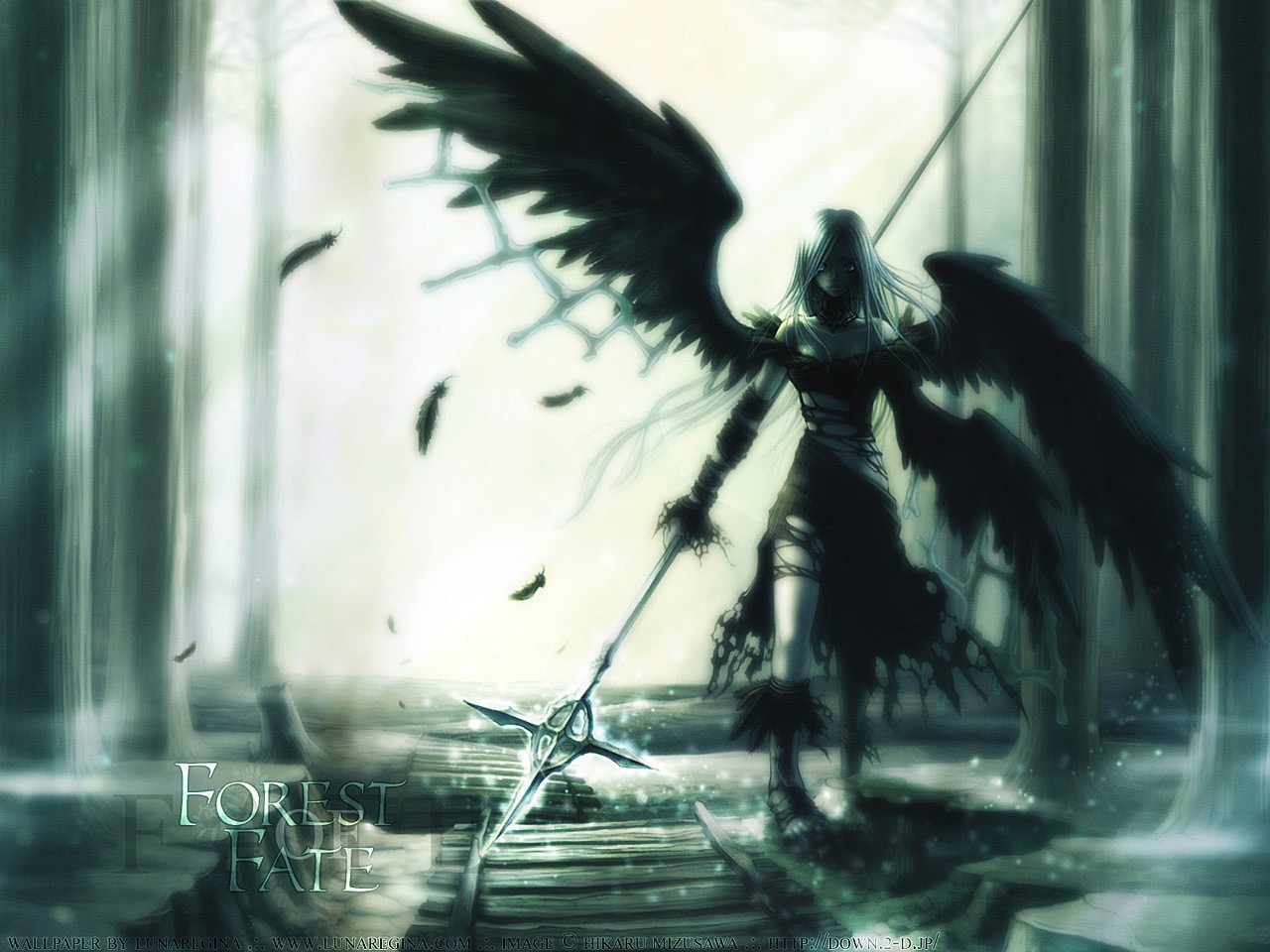 Anime 1280x960 wings feathers torn clothes scepters fantasy art fantasy girl spear women anime anime girls