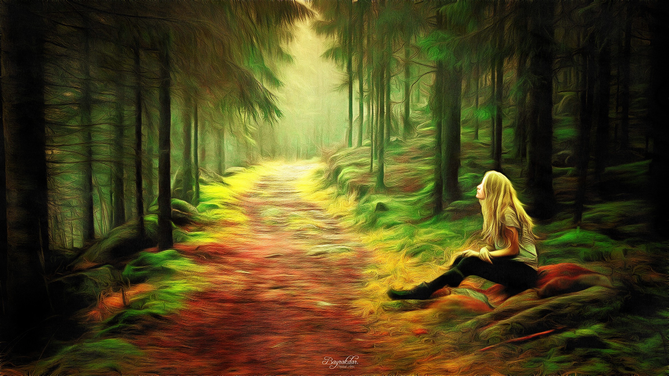 General 2348x1321 painting forest women nature trees blonde sitting women outdoors long hair