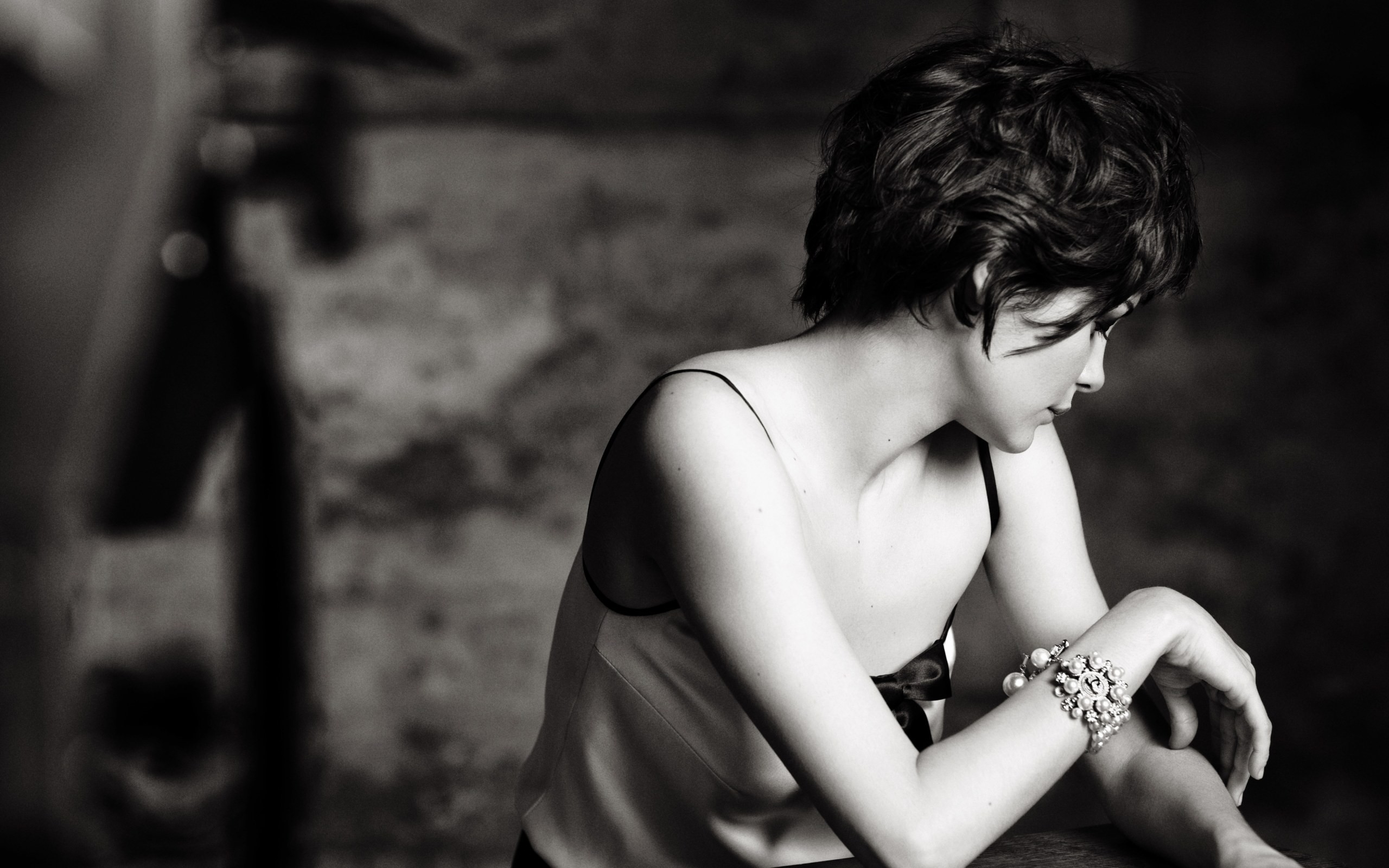 People 2560x1600 women Audrey Tautou short hair actress monochrome face looking away women indoors indoors bracelets French women