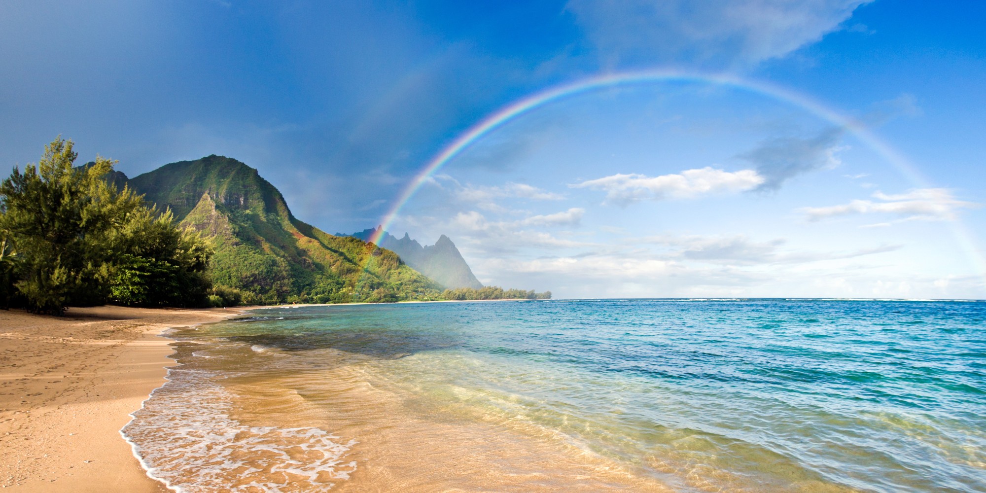 General 2000x1000 beach rainbows sea mountains trees sand Hawaii island clouds nature landscape USA