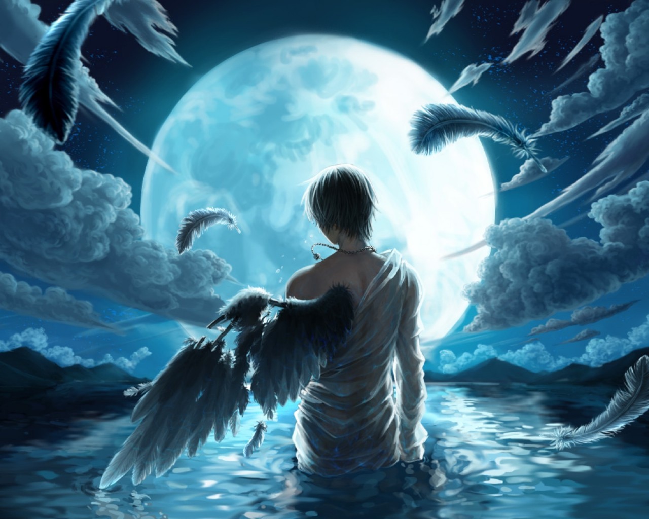 General 1280x1024 fantasy art feathers Moon night sky back sky in water clouds wings