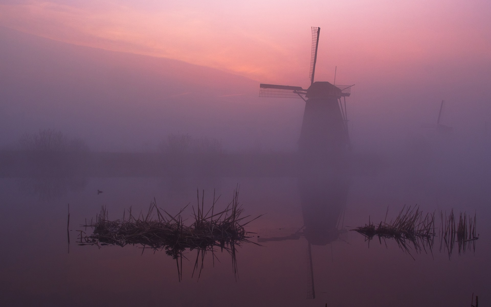 General 1920x1200 windmill mist landscape morning reflection water