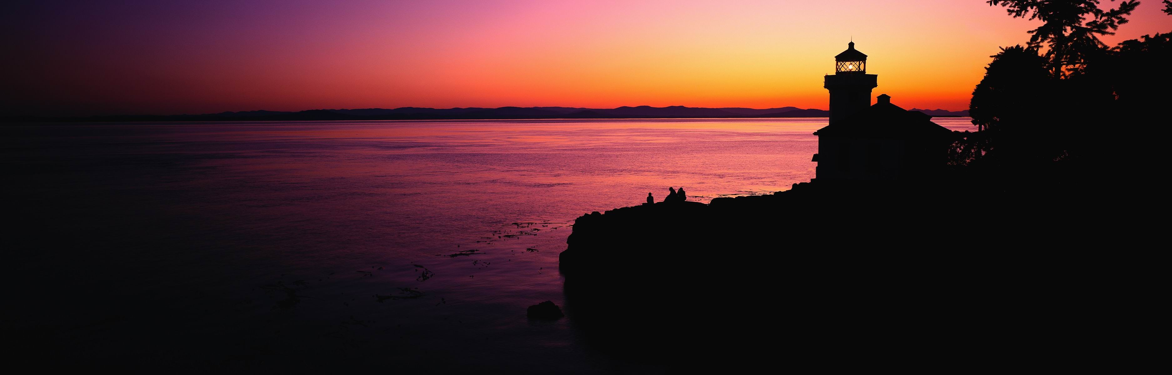 General 3750x1200 landscape orange sky sunset lighthouse silhouette coast bay sea dark outdoors sunlight