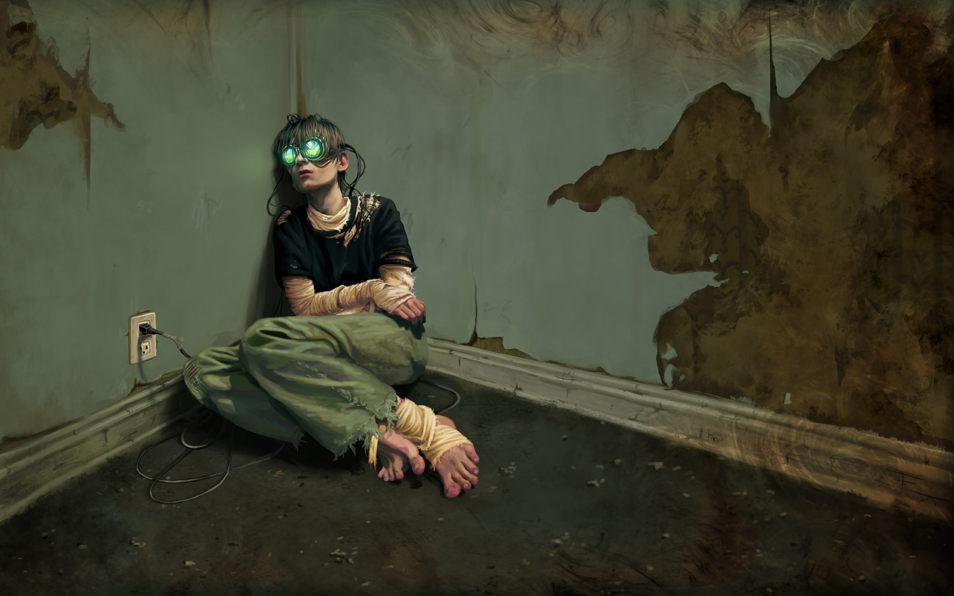 General 1920x1200 goggles bandages torn clothes futuristic science fiction alone indoors on the floor artwork virtual reality