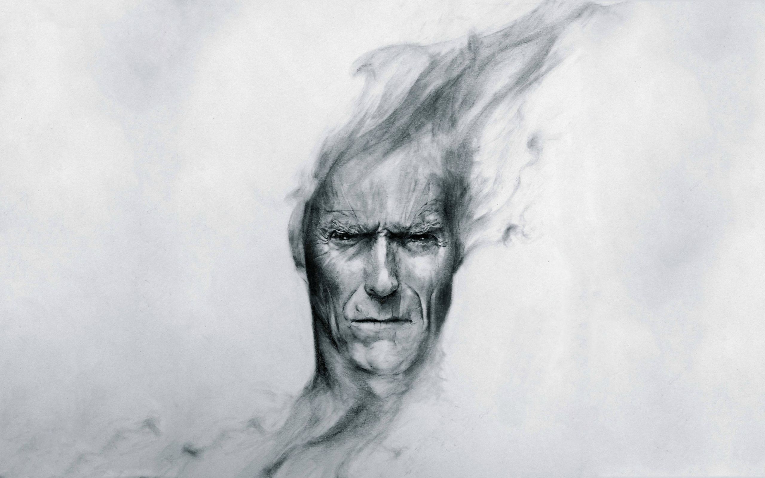 General 2560x1600 drawing Clint Eastwood artwork men actor smoke pencil drawing gray face white white background portrait looking at viewer celebrity dark eyes black eyes angry digital art simple background monochrome