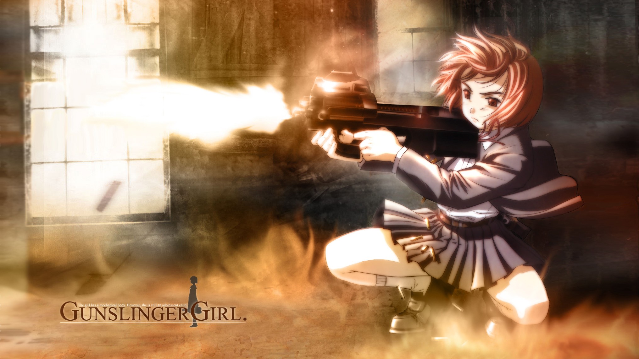 Anime 2032x1143 Gunslinger Girl FN P90 anime girls anime weapon Henrietta (Gunslinger Girl) girls with guns squatting anime girls with guns