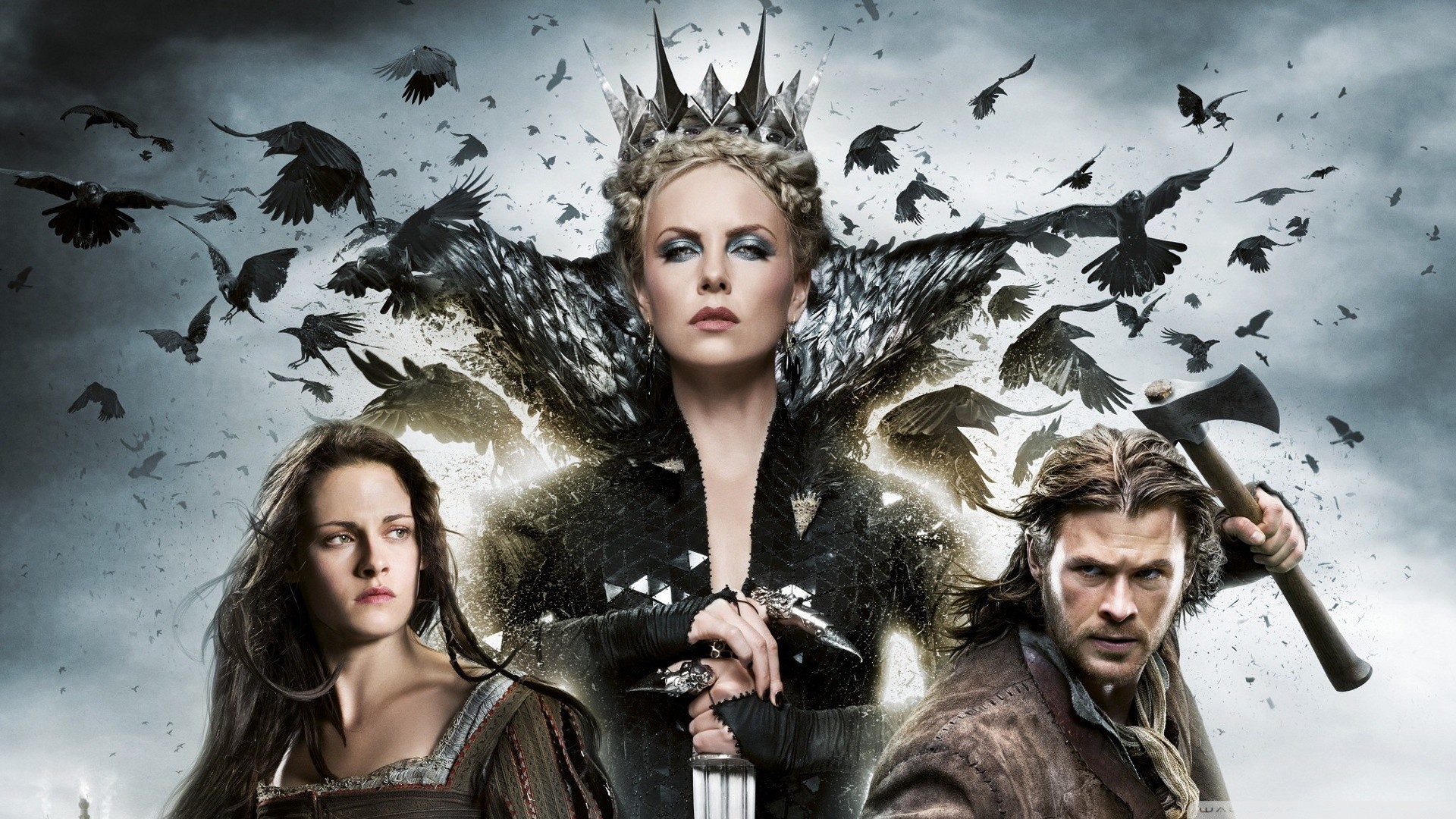 People 1920x1080 Snow White and the Huntsman movies Kristen Stewart Charlize Theron Chris Hemsworth fantasy girl two women men makeup axes birds movie poster