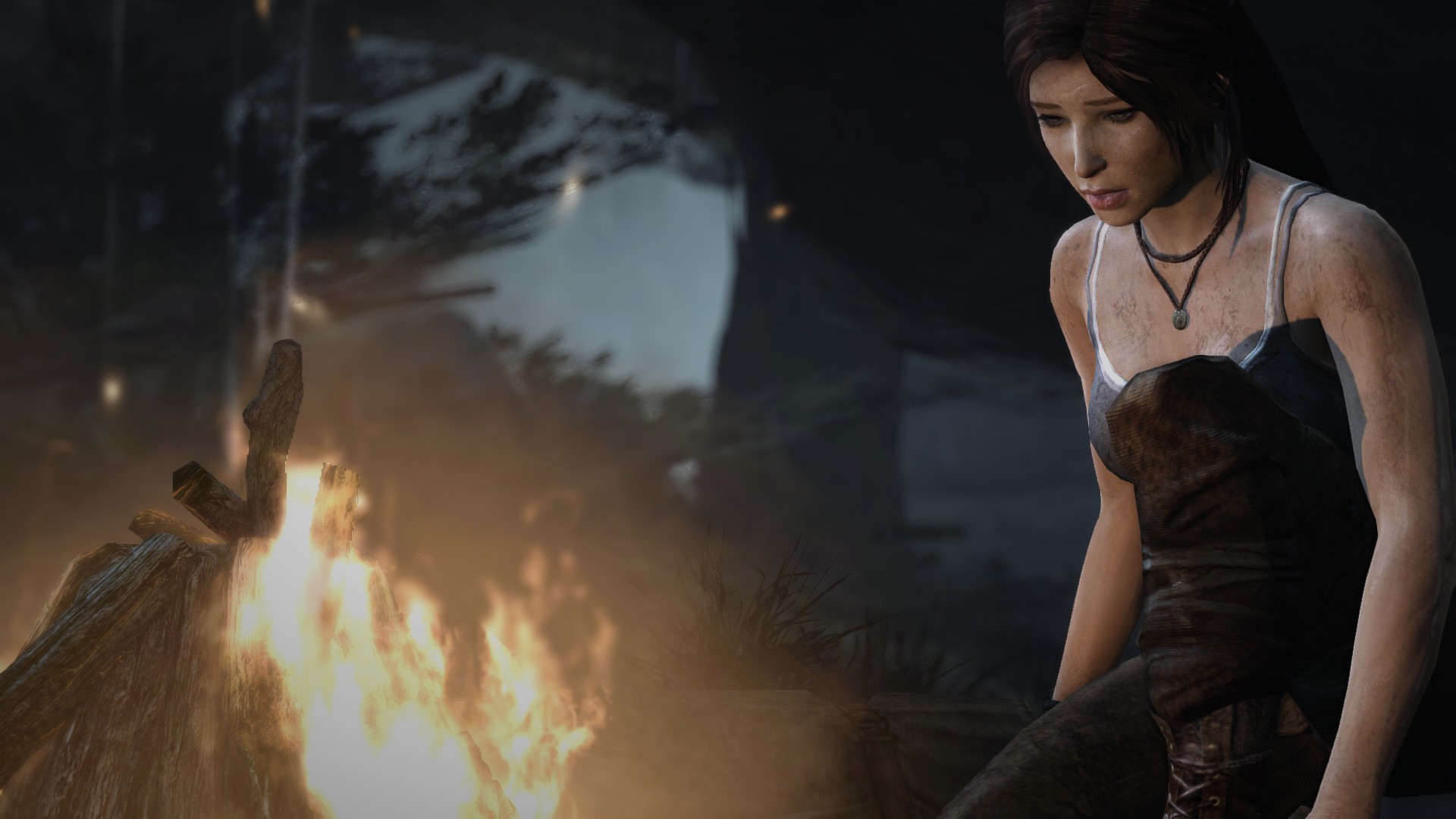 General 1920x1080 Tomb Raider (2013) video game girls necklace Lara Croft (Tomb Raider) campfire video games video game art screen shot video game characters CGI parted lips depth of field fire Tomb Raider