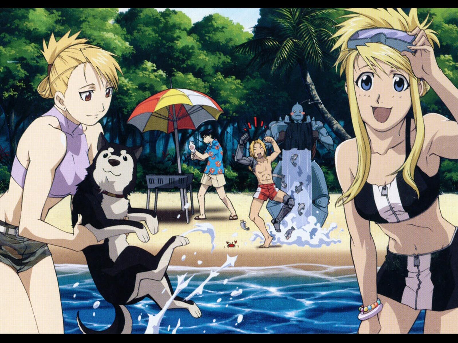 Anime 1600x1200 Rockbell Winry Elric Edward Elric Alphonse Roy Mustang Riza Hawkeye anime anime girls two women dog women outdoors