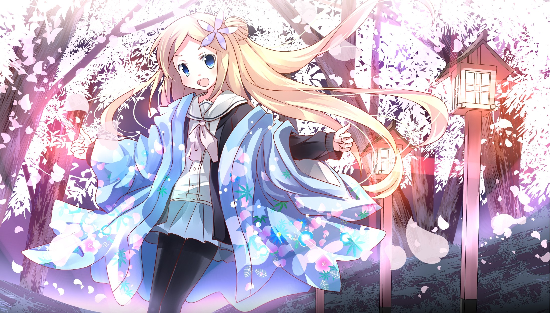 Anime 2205x1254 anime Hanayamata Hannah N. Fountainstand anime girls women flower in hair colorful blue eyes miniskirt open mouth women outdoors looking at viewer long hair Asia