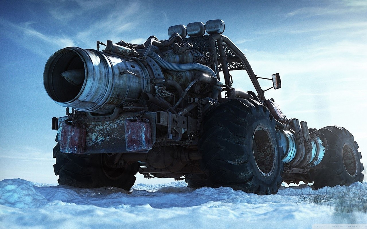General 1280x800 vehicle buggy monster trucks turbines engine pipes nature snow digital art clouds blue low-angle CGI