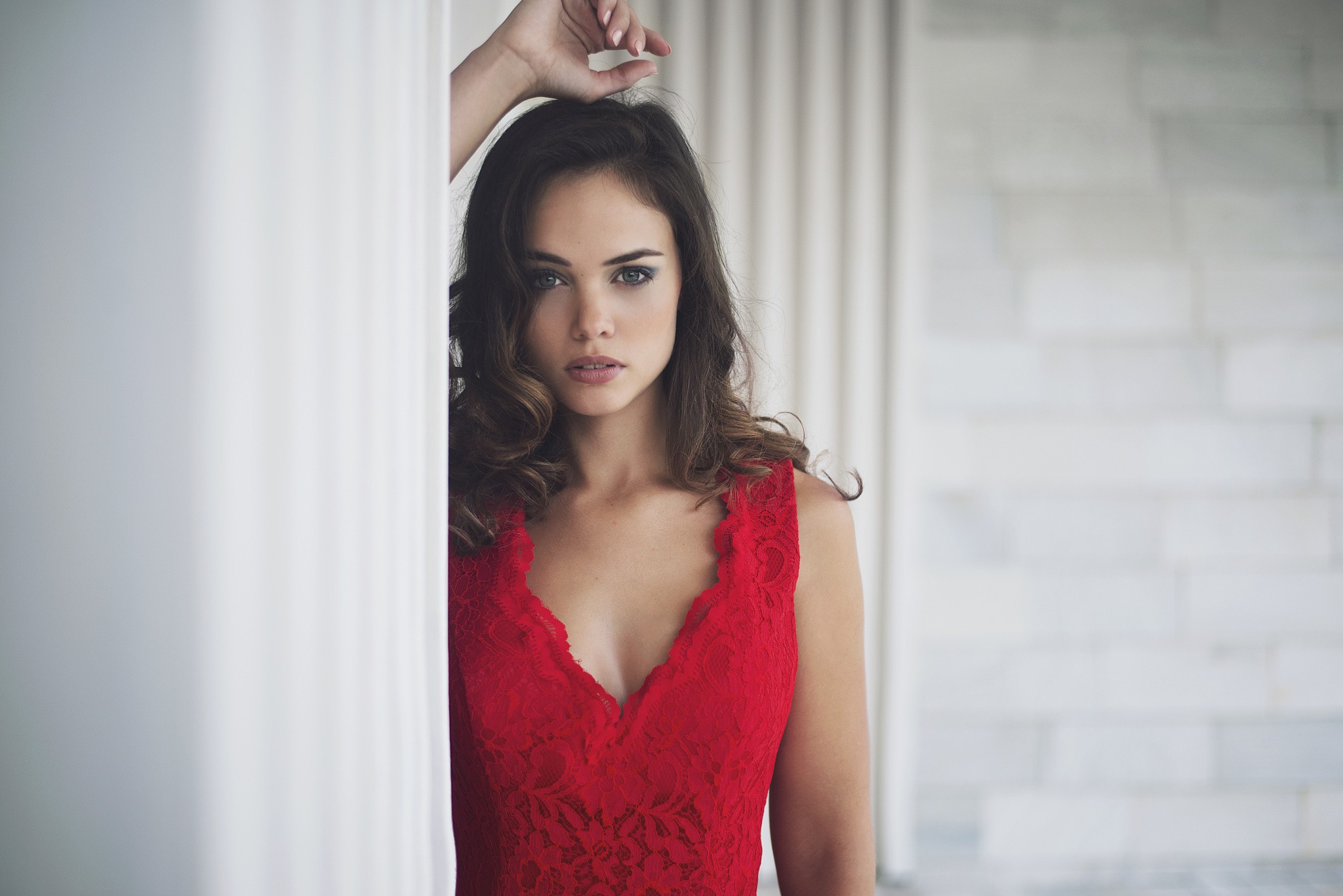 People 2048x1367 women brunette blue eyes dress red dress cleavage portrait face lace wavy hair Anastasia Vervueren looking at viewer Barbara Osorio women indoors long hair red clothing