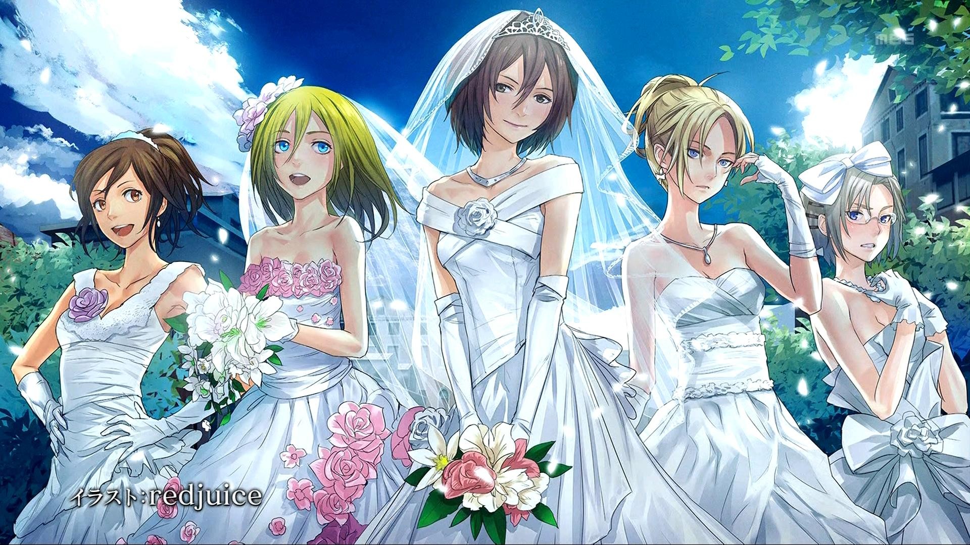 Anime 1920x1080 Shingeki no Kyojin anime Annie Leonhart Redjuice Historia Reiss Blouse Sasha group of women flowers brides looking at viewer brunette Rico Brzenska Renz Christa open mouth sky Mikasa Ackerman wedding dress clouds bare shoulders collarbone hair between eyes earring flower in hair tiaras plants elbow gloves braids white gloves gloves hands on hips short hair leaves glasses women with glasses closed mouth smiling