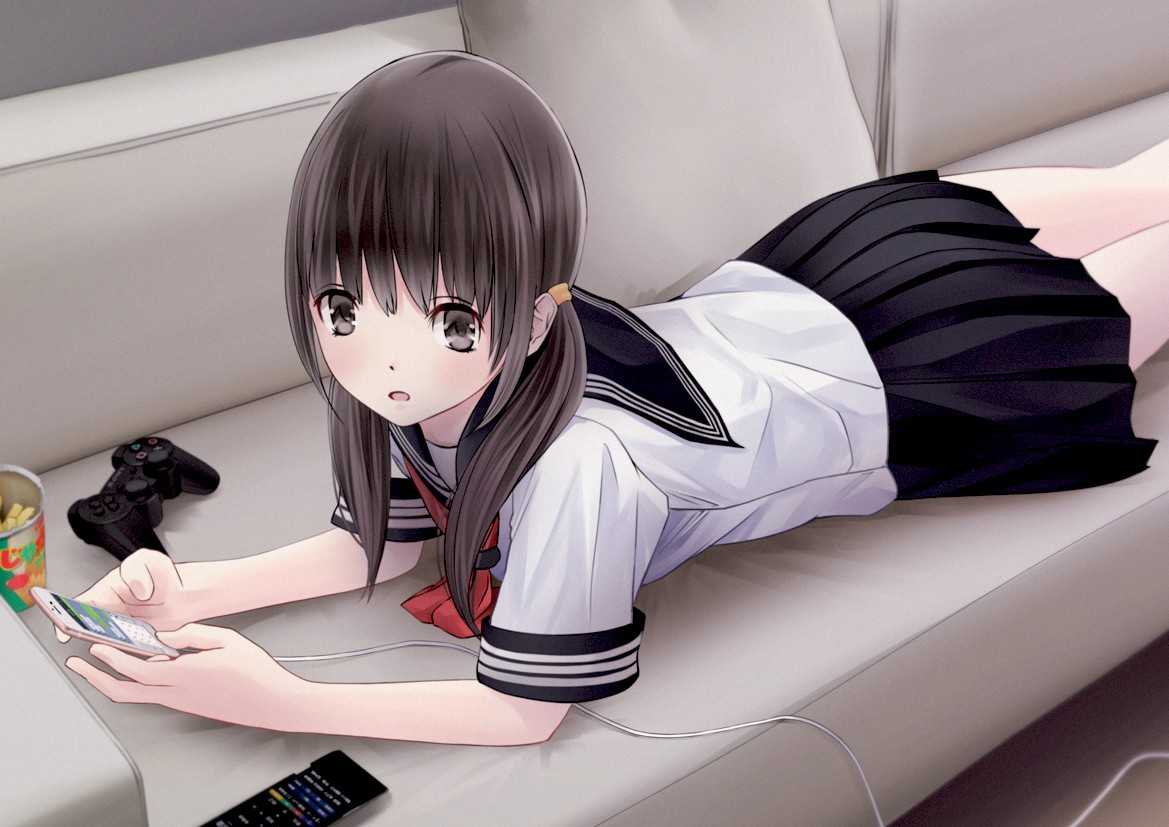Anime 1169x827 anime girls school uniform controllers couch twintails original characters lying down lying on front smartphone TV Remote brunette anime