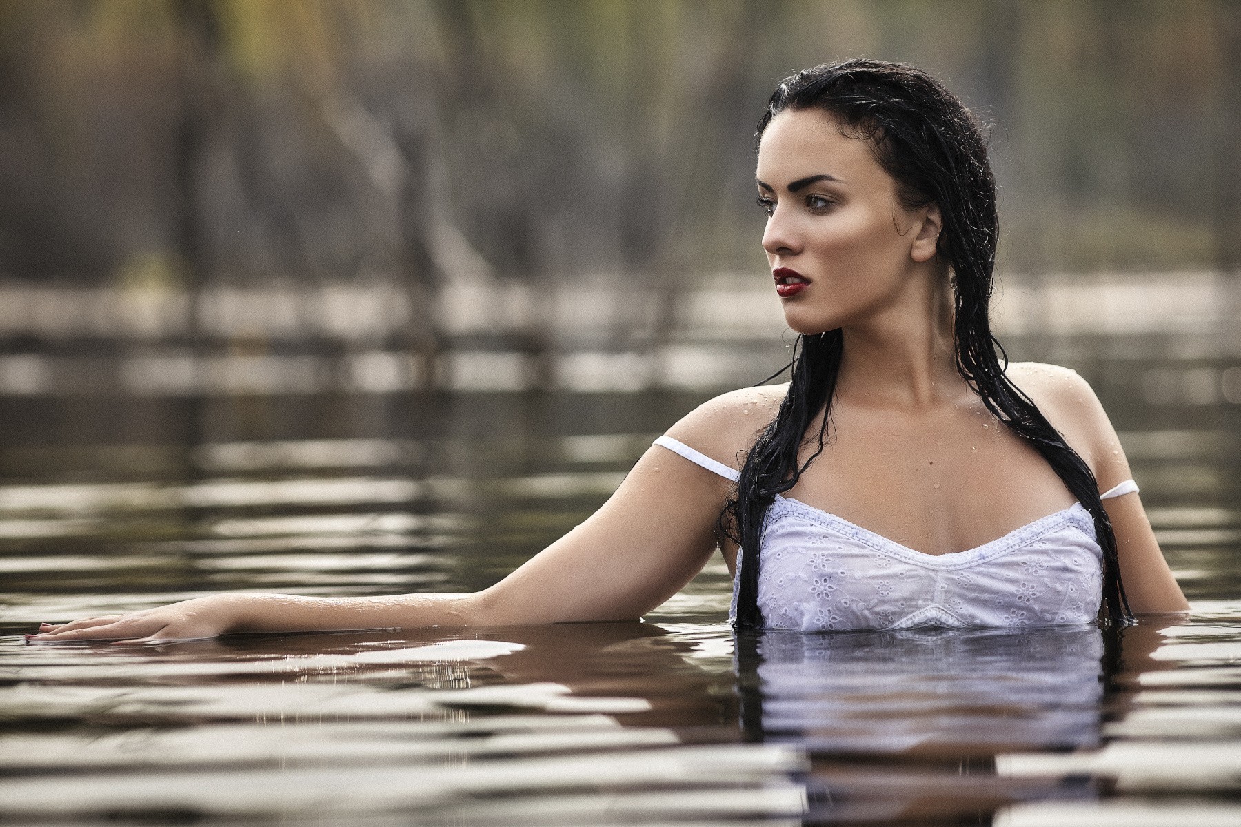 People 1800x1200 women brunette black hair wet red lipstick no bra wet clothing wet hair white clothing Libor Pawlas nipples through clothing women outdoors nature outdoors in water water model wet body
