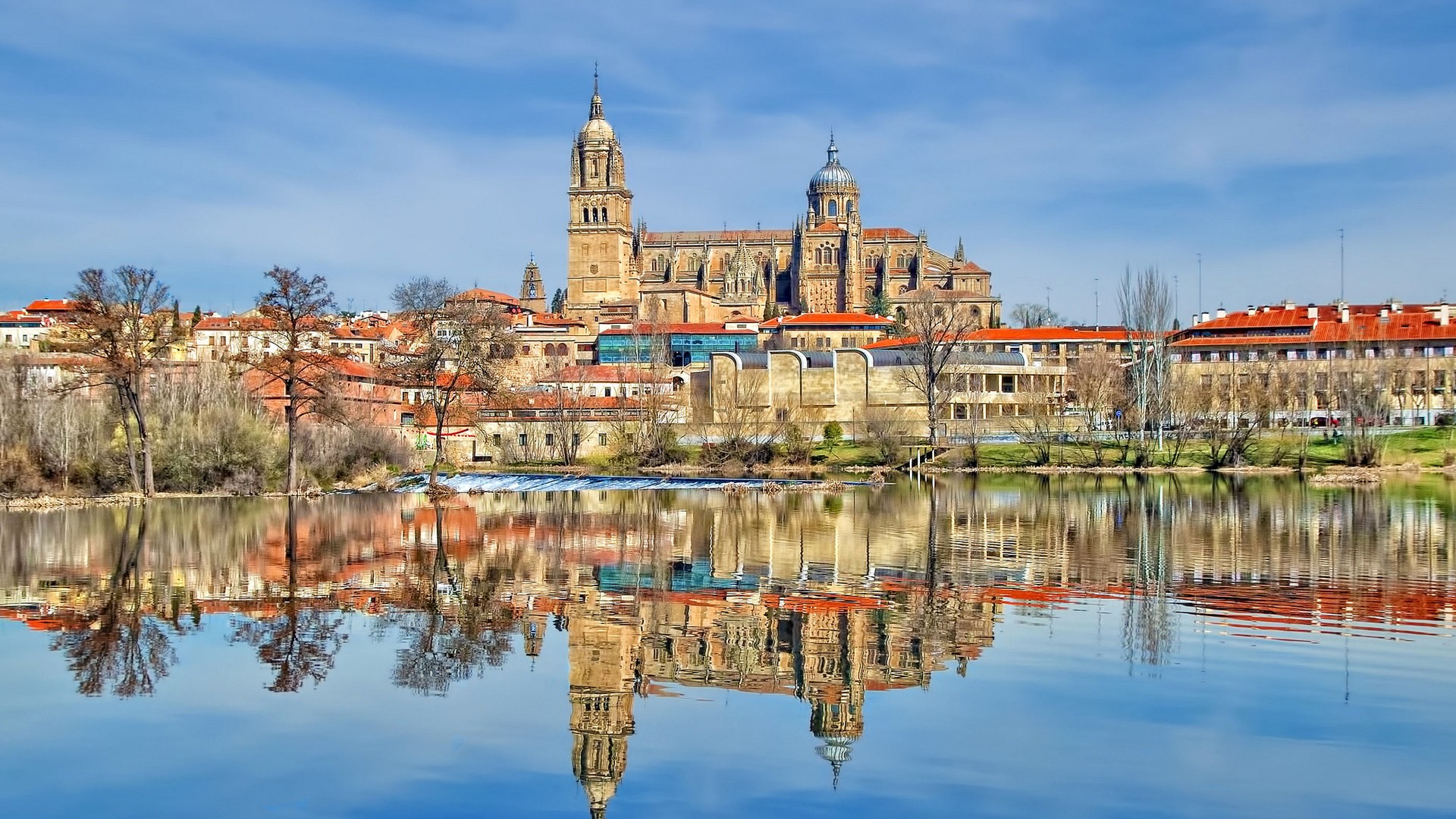 General 1920x1080 architecture building old building town house Spain cathedral water lake reflection trees clouds tower