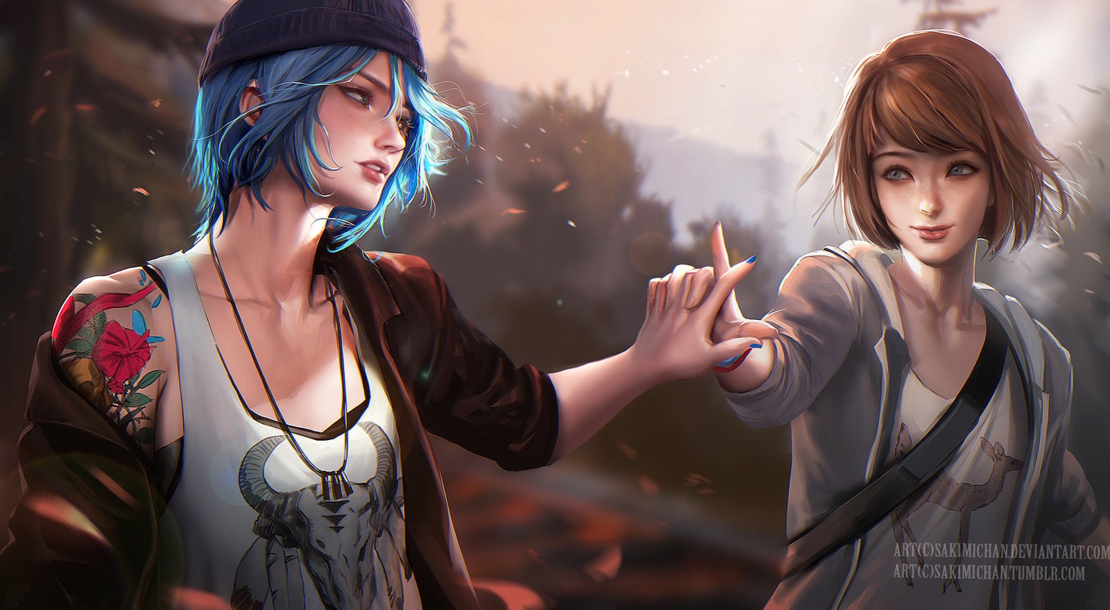 Max Caulfield Chloe Price Sakimichan Holding Hands Video Game Girls Video Game Characters