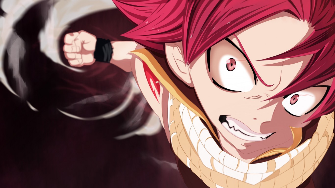 Anime 1366x768 Fairy Tail Dragneel Natsu anime redhead fist men face closeup angry anime boys