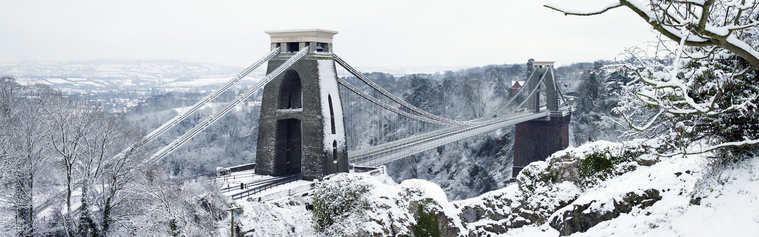 General 2560x800 bridge winter Bristol England Clifton Suspension Bridge outdoors snow