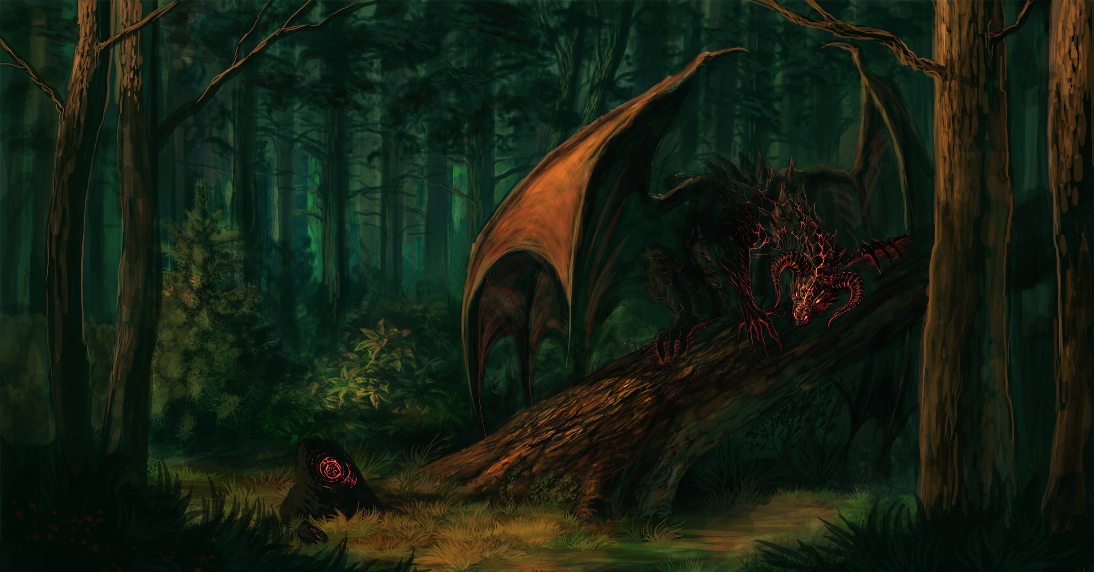 General 2198x1151 dragon fantasy art forest creature trees artwork