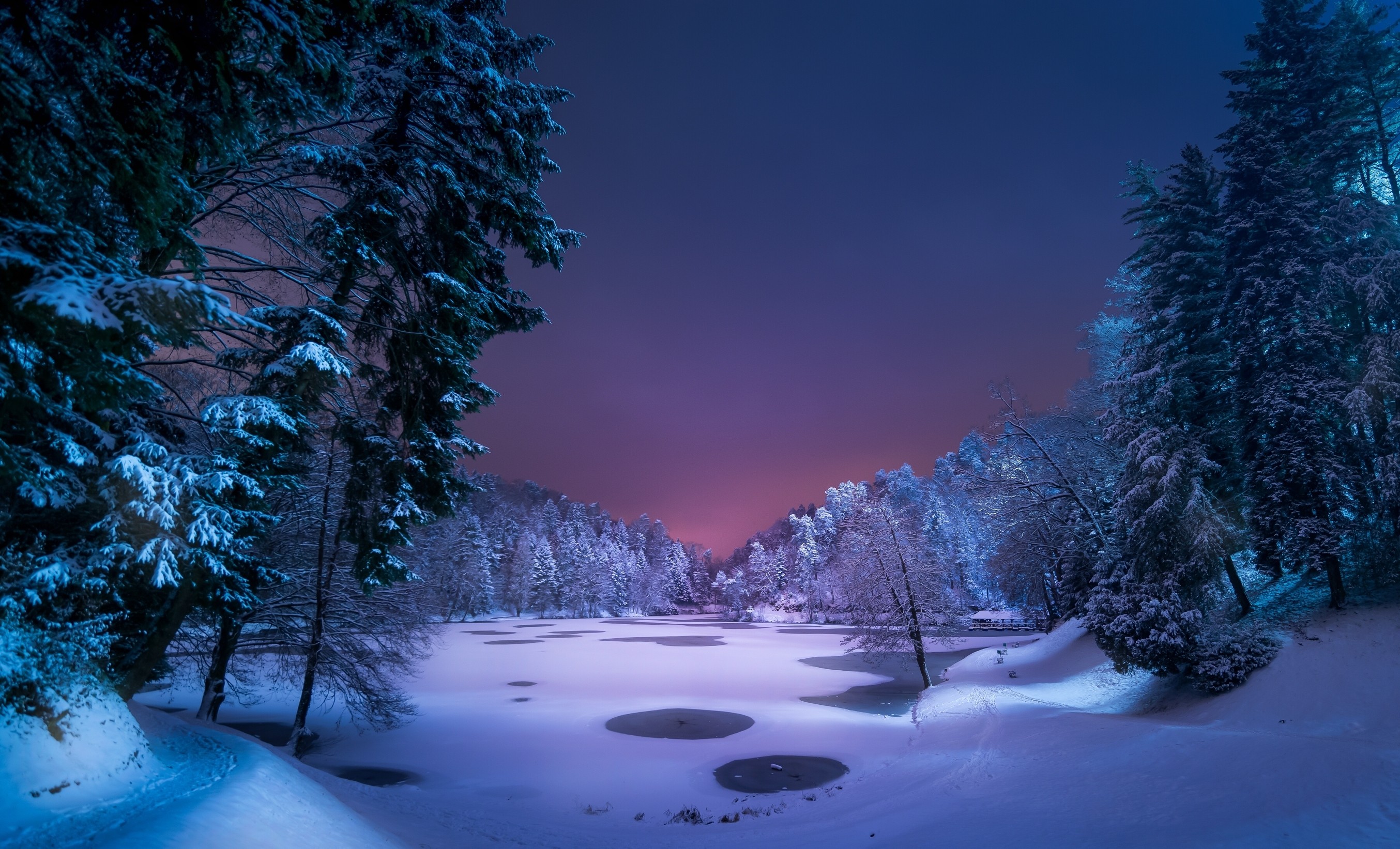 General 2708x1643 night landscape snow ice winter trees nature pond forest blue frozen lake lake path violet park