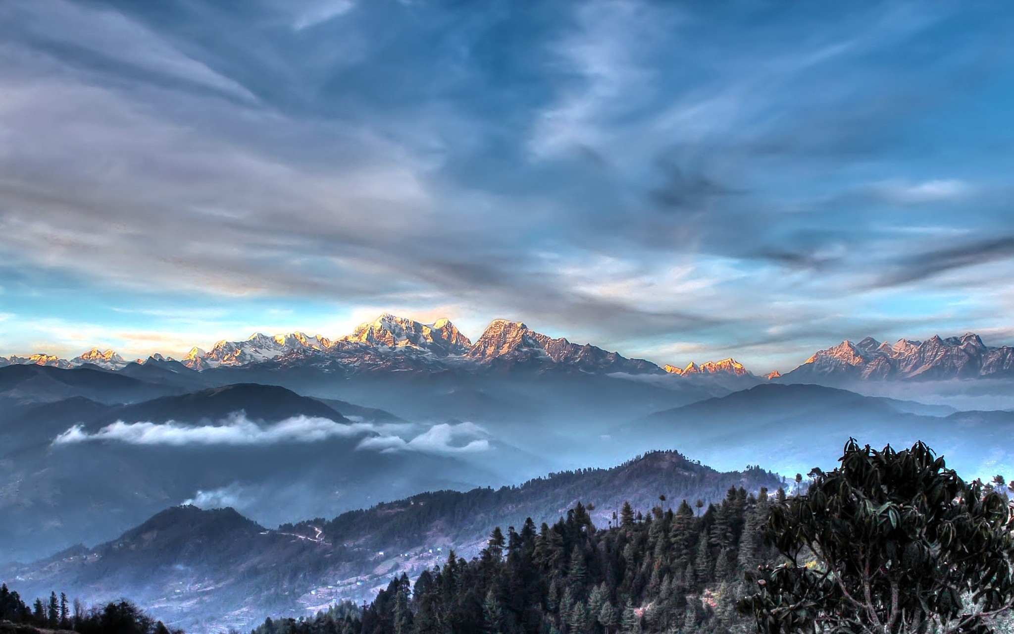 General 2048x1280 landscape nature Himalayas mountains forest snowy peak mist clouds sunset Nepal