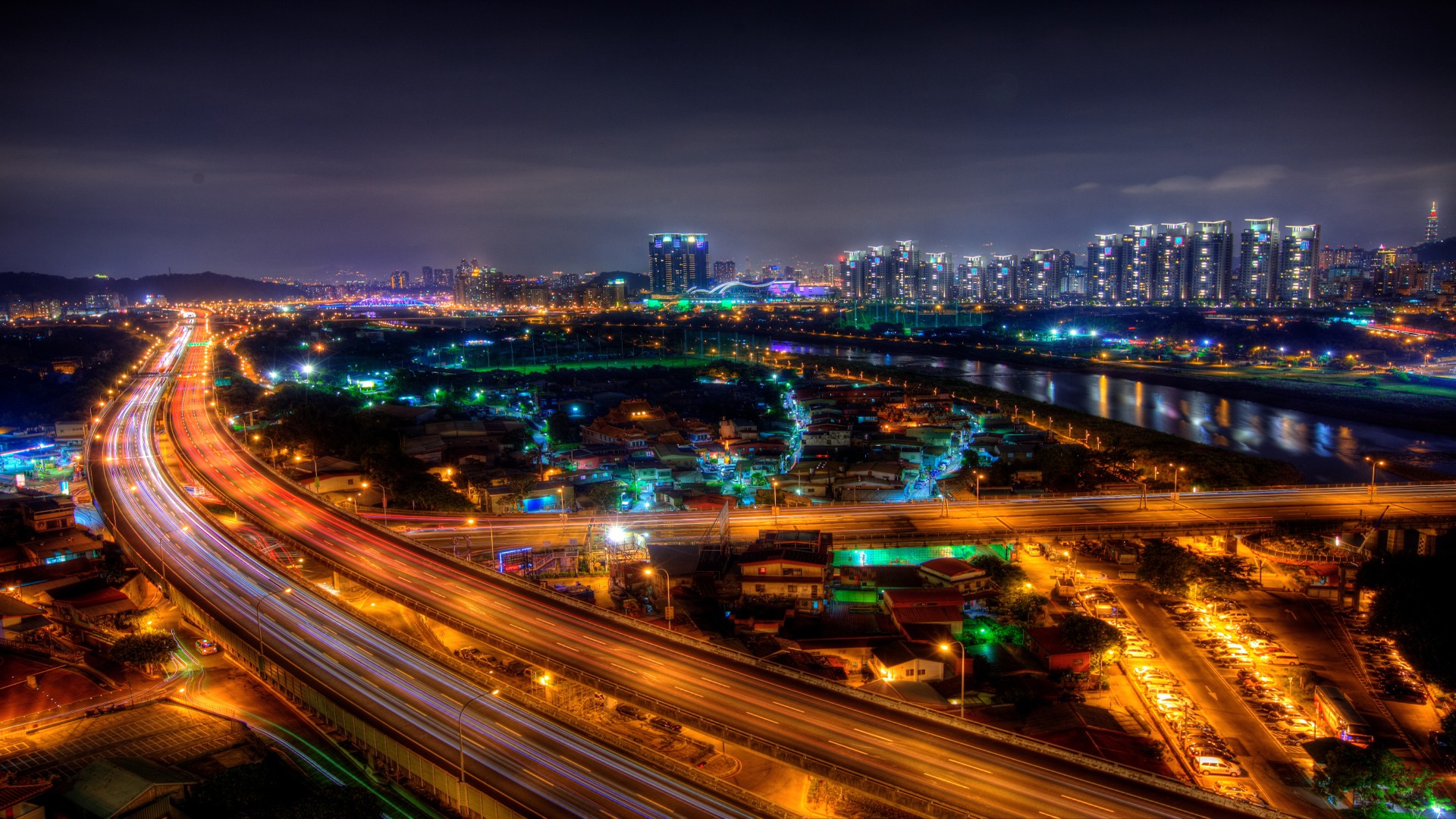 General 1920x1080 road highway night city cityscape city lights long exposure traffic