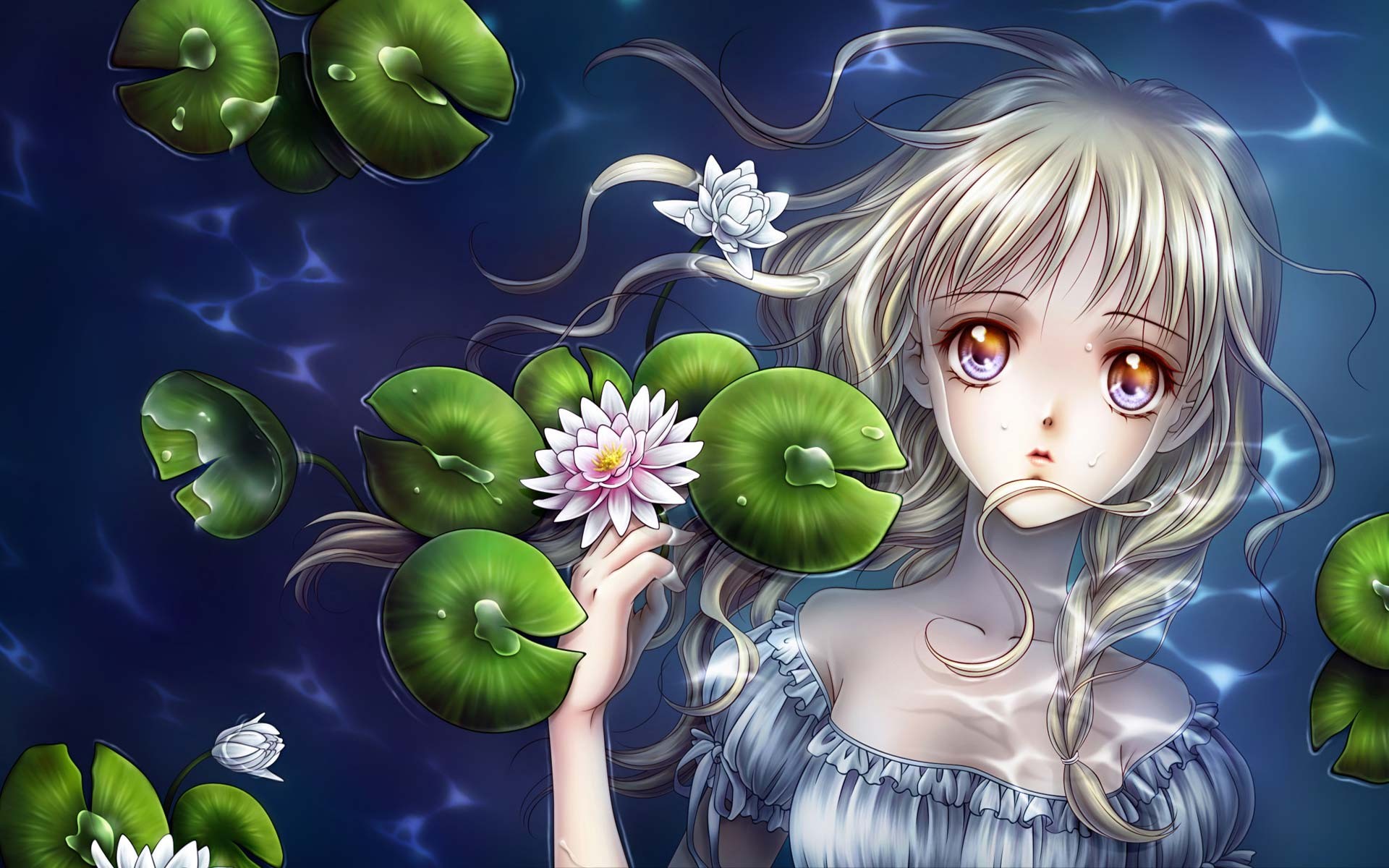 Anime 1920x1200 anime girls water water lilies original characters in water flowers plants face anime