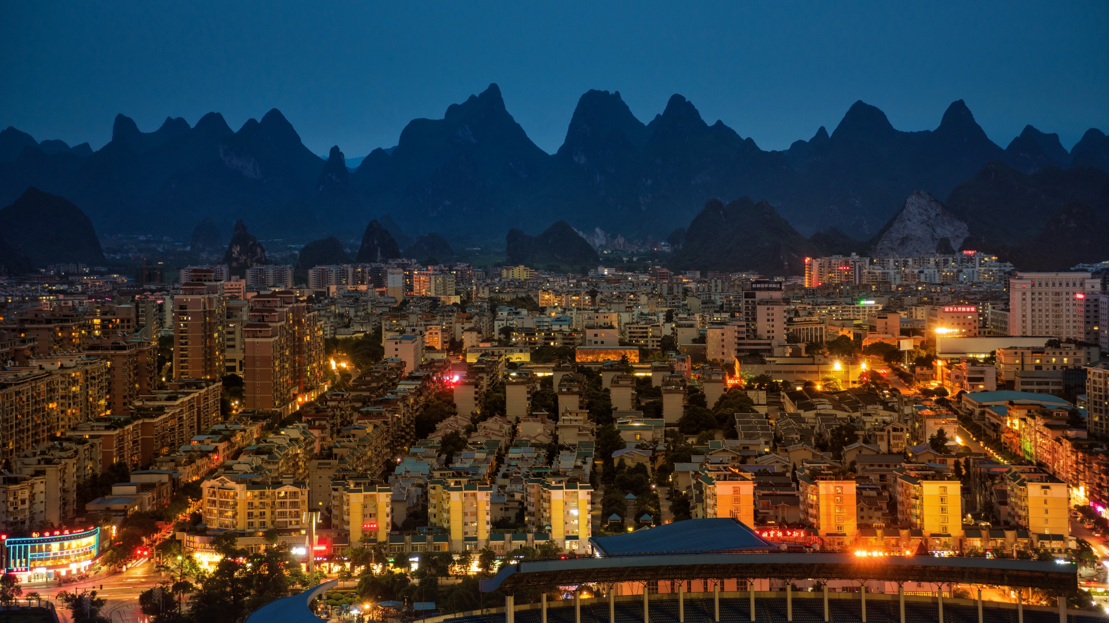 General 3840x2160 architecture building city cityscape evening lights street light China mountains Guilin Asia