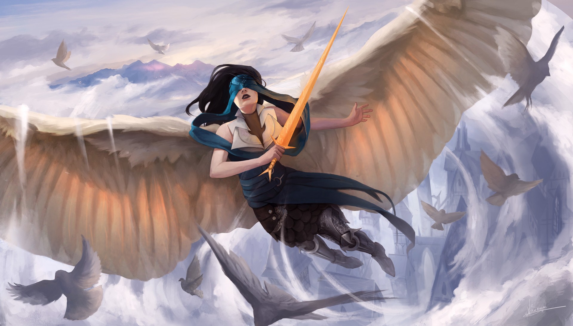 General 1920x1092 fantasy art sword dark hair wings fantasy girl blindfold sky birds animals women with swords weapon