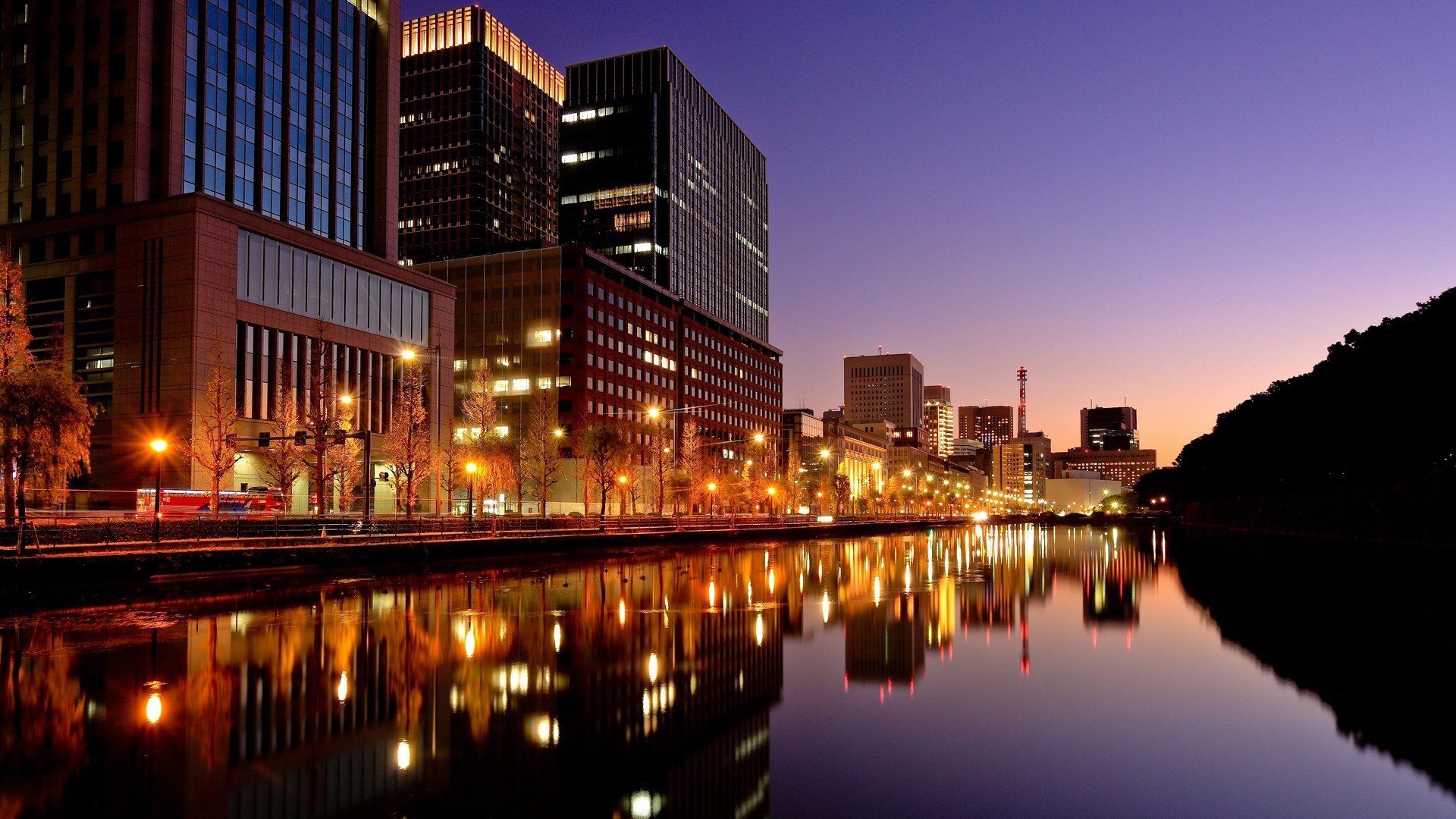 General 1920x1080 city night Tokyo city lights reflection water building Japan Asia