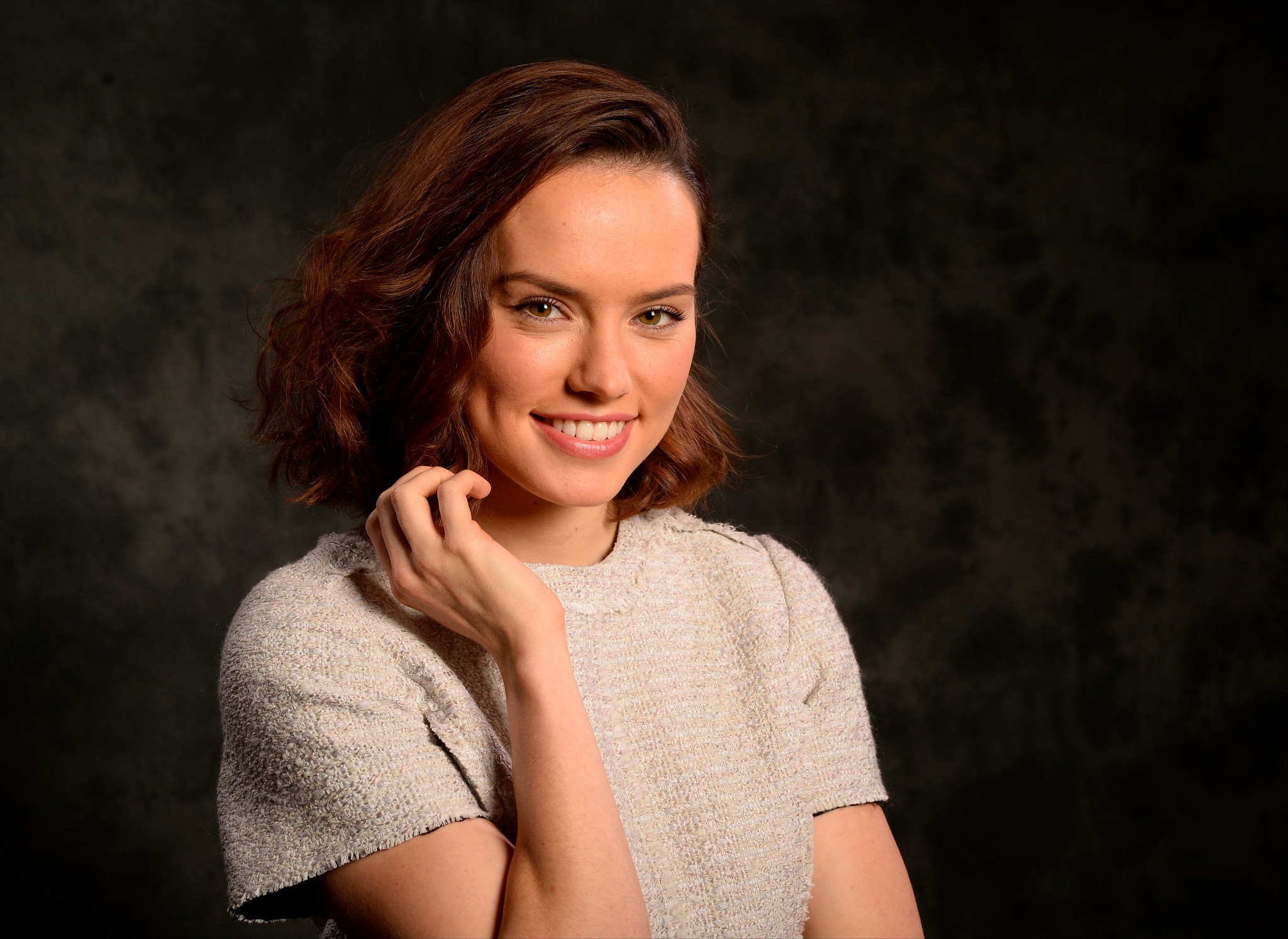 People 2048x1493 women actress brunette Daisy Ridley women indoors face portrait smiling redhead dyed hair looking at viewer