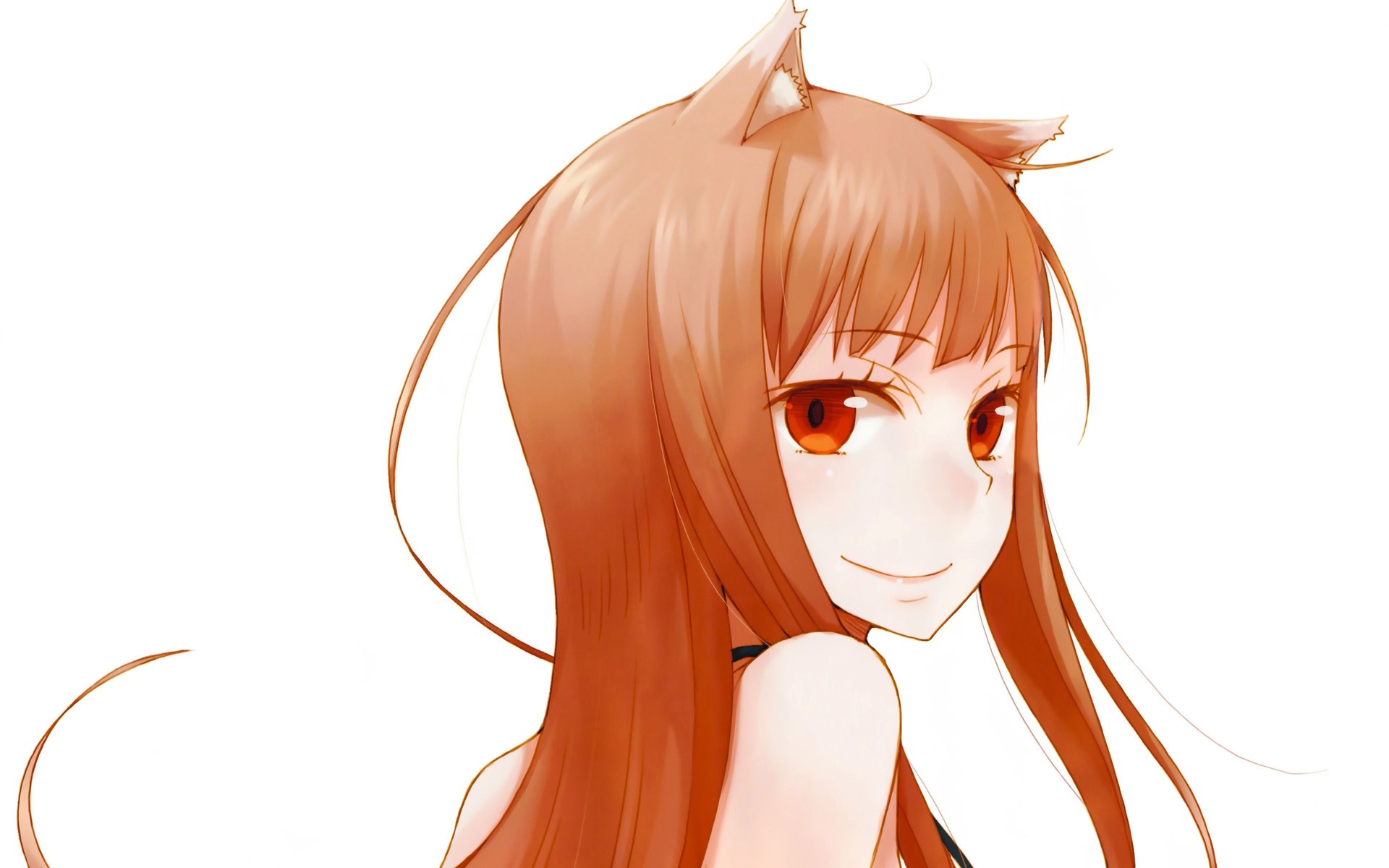 Anime 1920x1200 Spice and Wolf Holo (Spice and Wolf) wolf girls anime girls anime white background simple background smiling red eyes long hair animal ears face