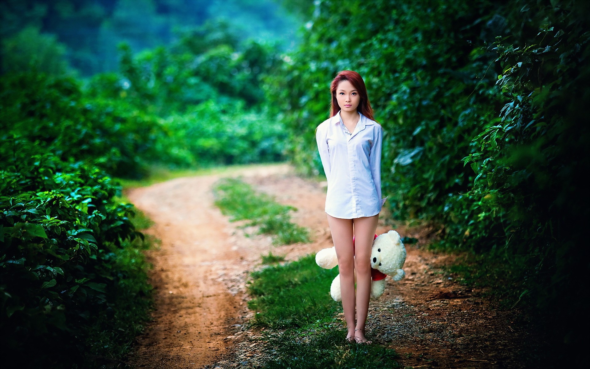 People 1920x1200 women long hair women outdoors Asian barefoot blouses nature trees redhead teddy bears legs model plush toy standing dirt road dyed hair looking at viewer