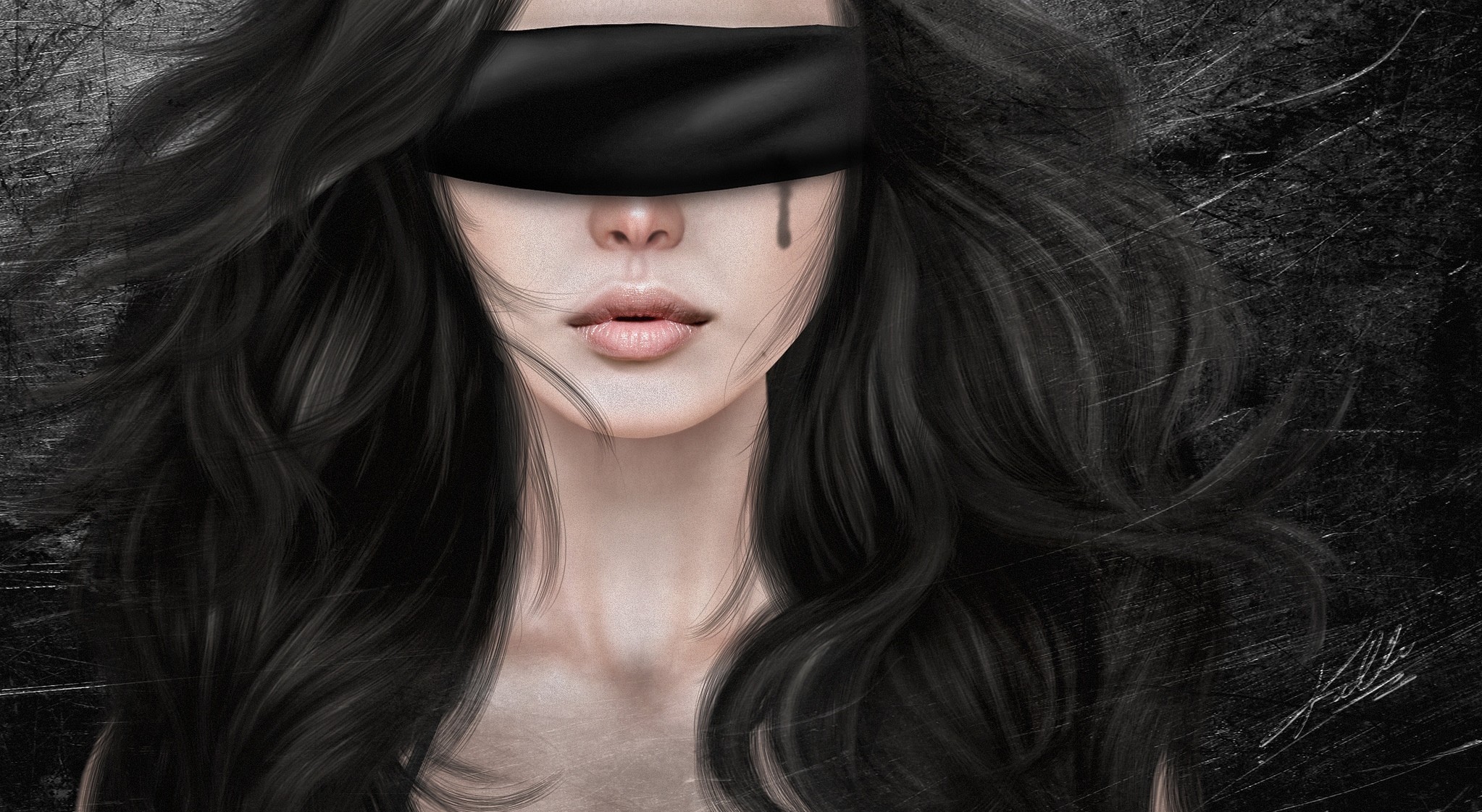 General 2046x1121 artwork blindfold digital art women tears face dark hair long hair