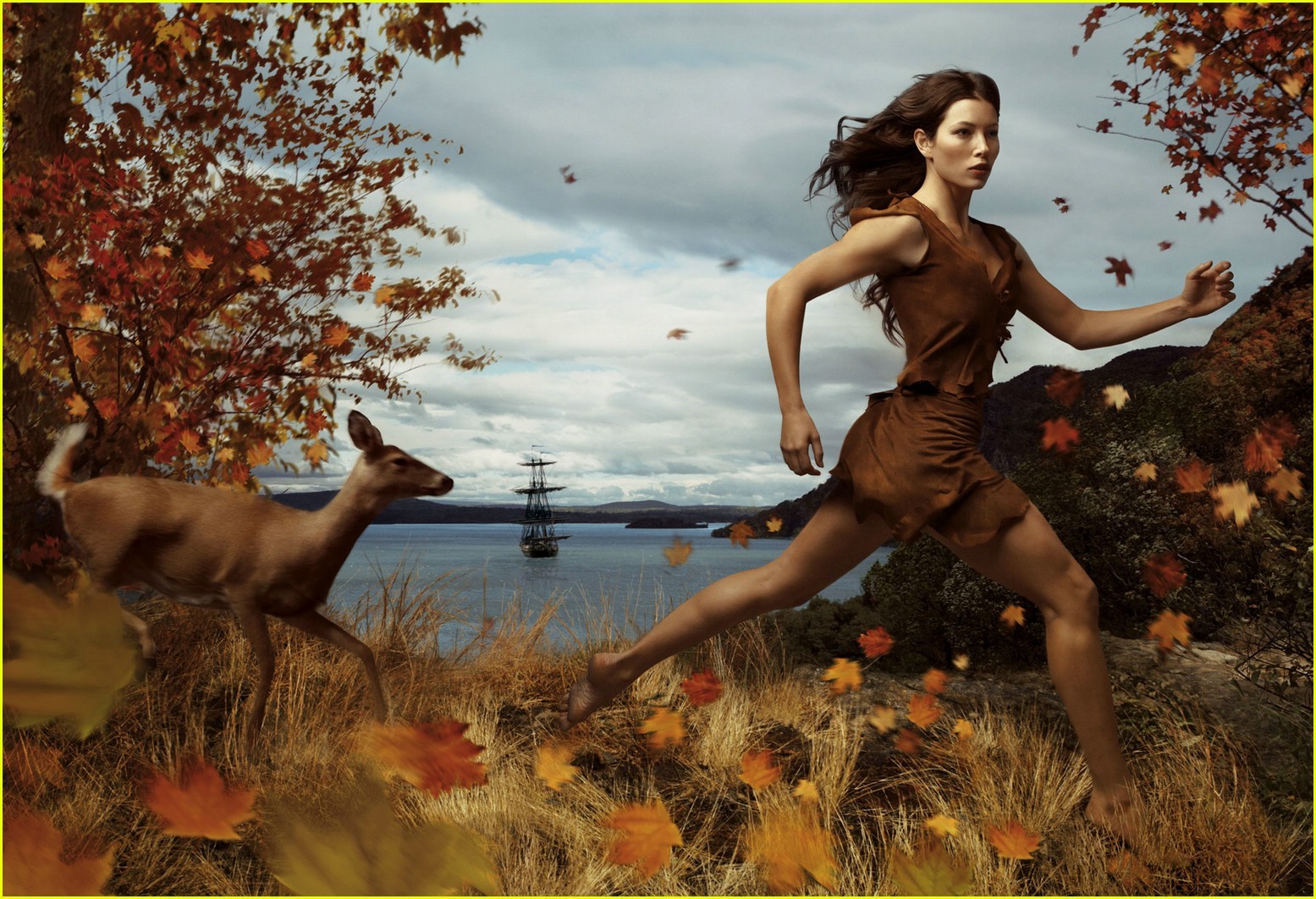 General 1555x1062 Jessica Biel women actress brunette Annie Leibovitz Pocahontas running women outdoors barefoot animals mammals deer celebrity