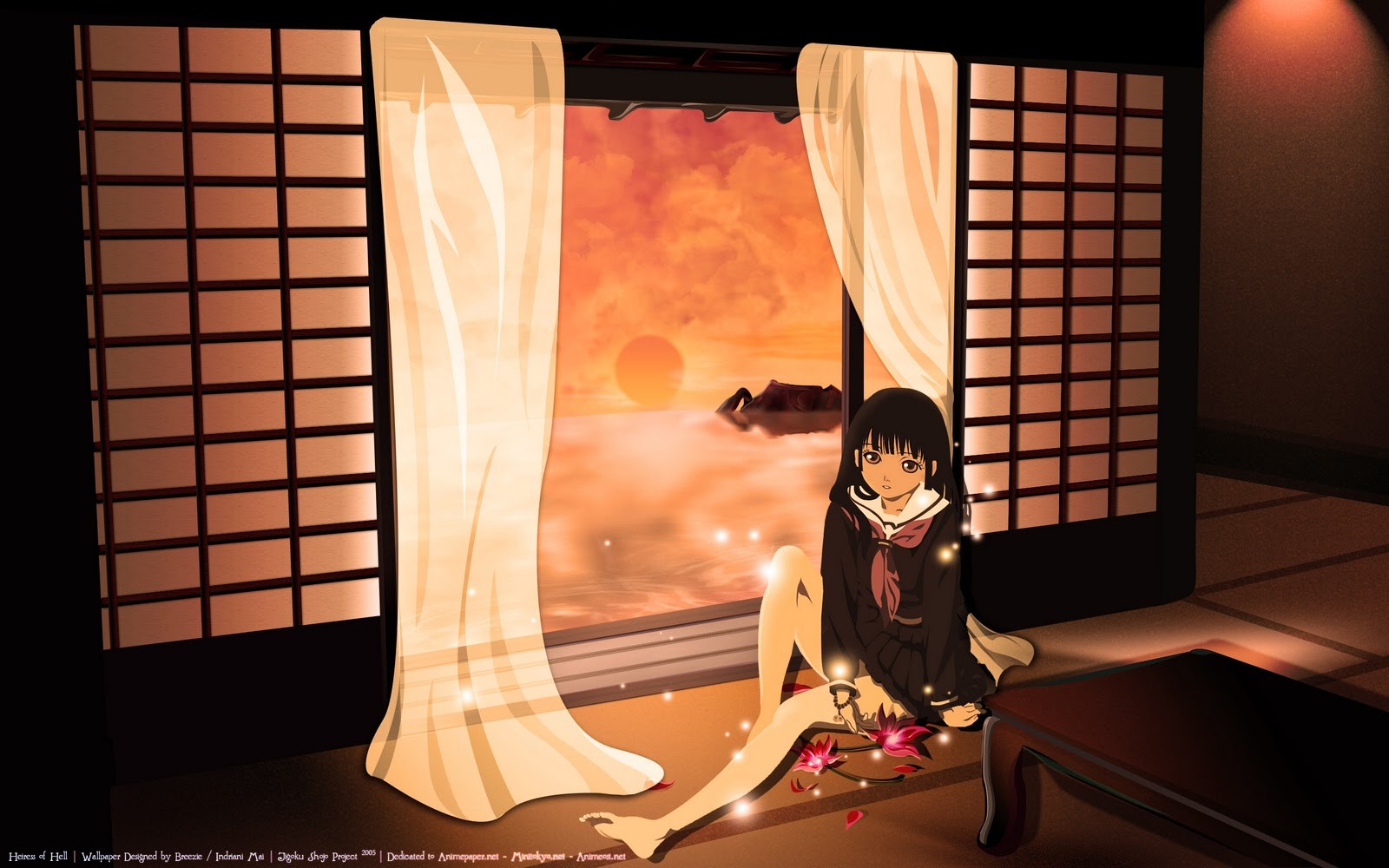 Anime 1600x1000 curtains Jigoku Shoujo dark hair sitting legs barefoot anime girls anime